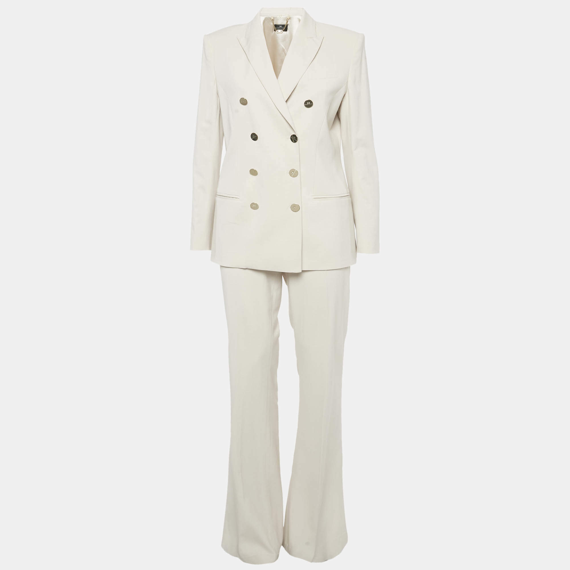 Pre Owned طقم جاكيت مزدوج الصدر وسروال صوف مزيج بيج إليزابيتا فرانكي كبير الحجم