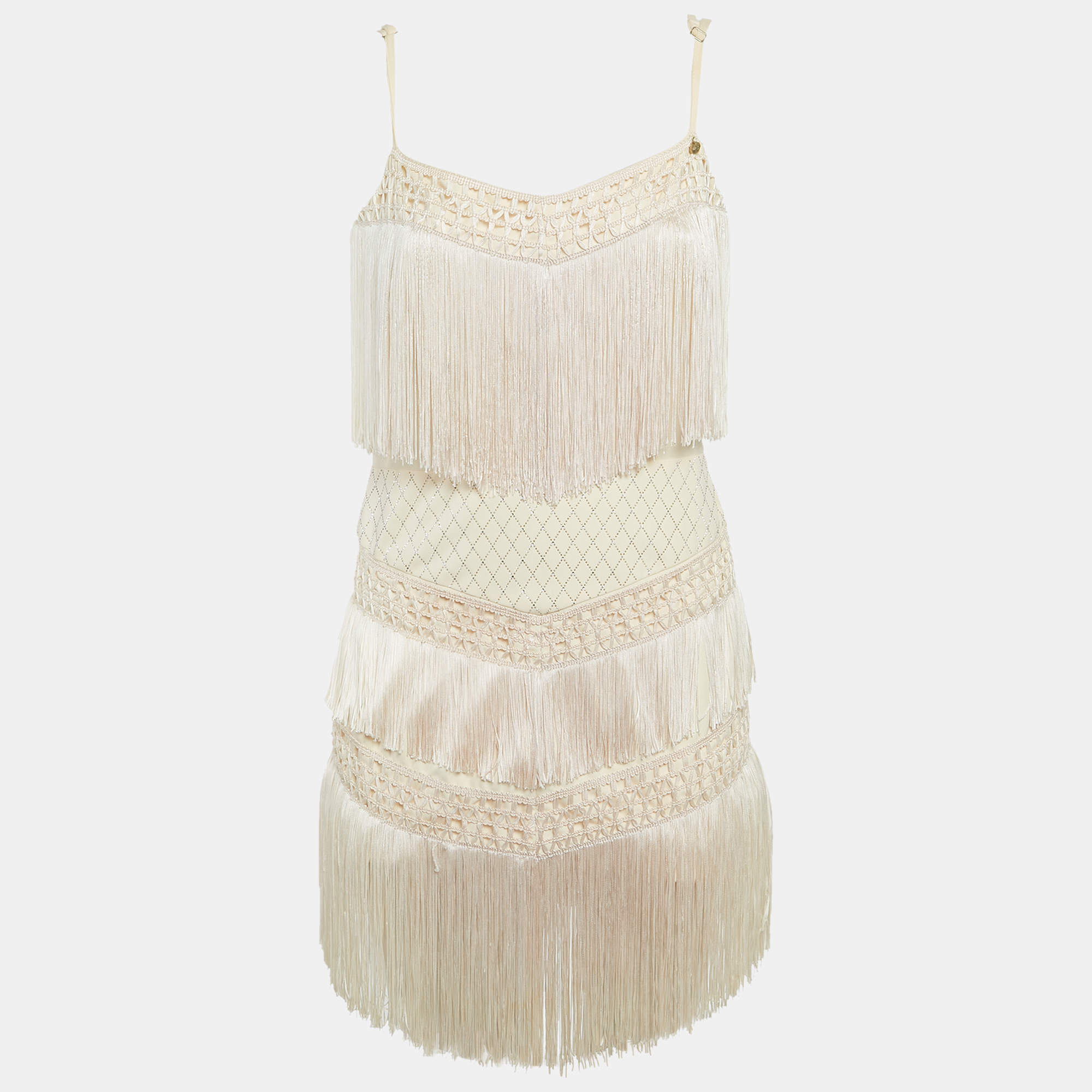 مملوكة مسبقًا Elisabetta Franchi Gold Beige Fringed Crepe Mini Dress M