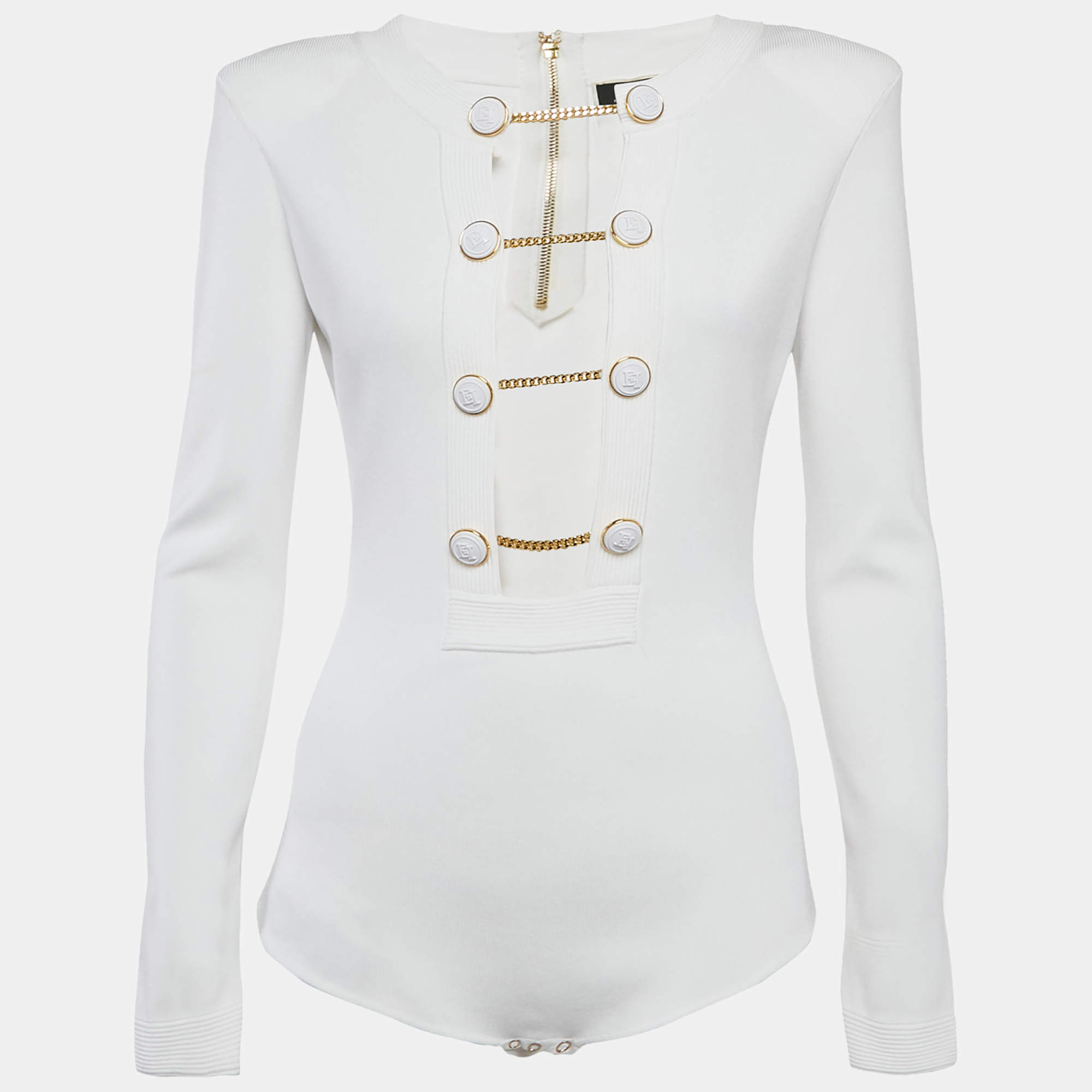 مملوكة مسبقًا Elisabetta Franchi White Rib Knit Cut-Out Button Detail Bodysuit L