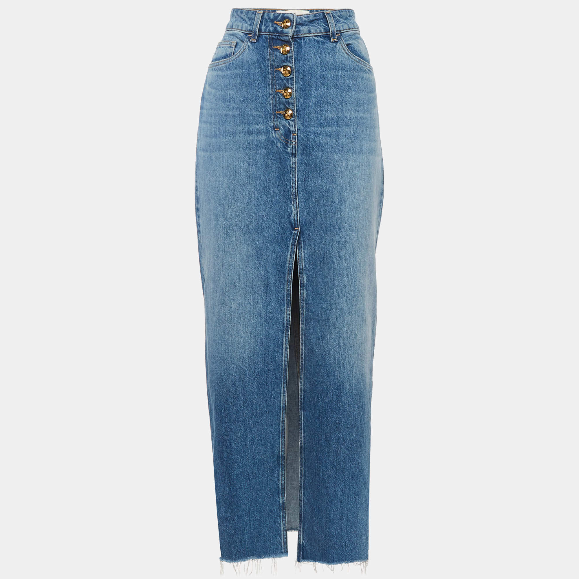 Pre Owned Elisabetta Franchi Blue Denim Fringe Maxi Skirt M