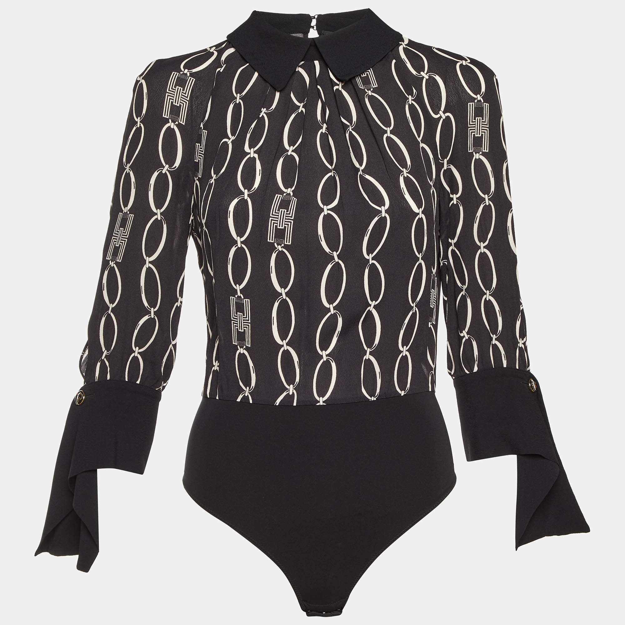 Pre Owned Elisabetta Franchi Black Logo Chain Print Crepe Long Sleeve Bodysuit M