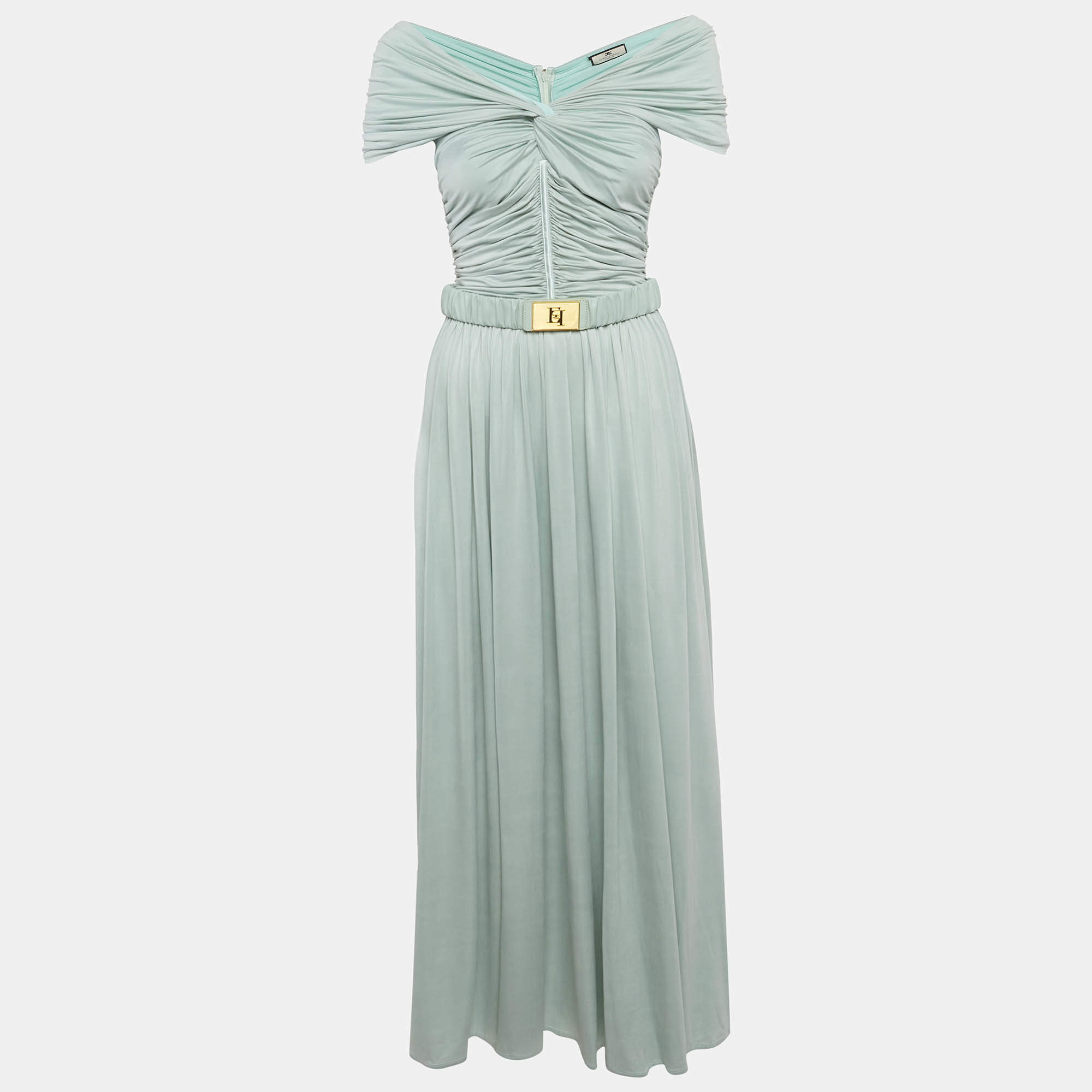 Pre Owned Elisabetta Franchi Blue Jersey Ruche Detail Maxi Dress M