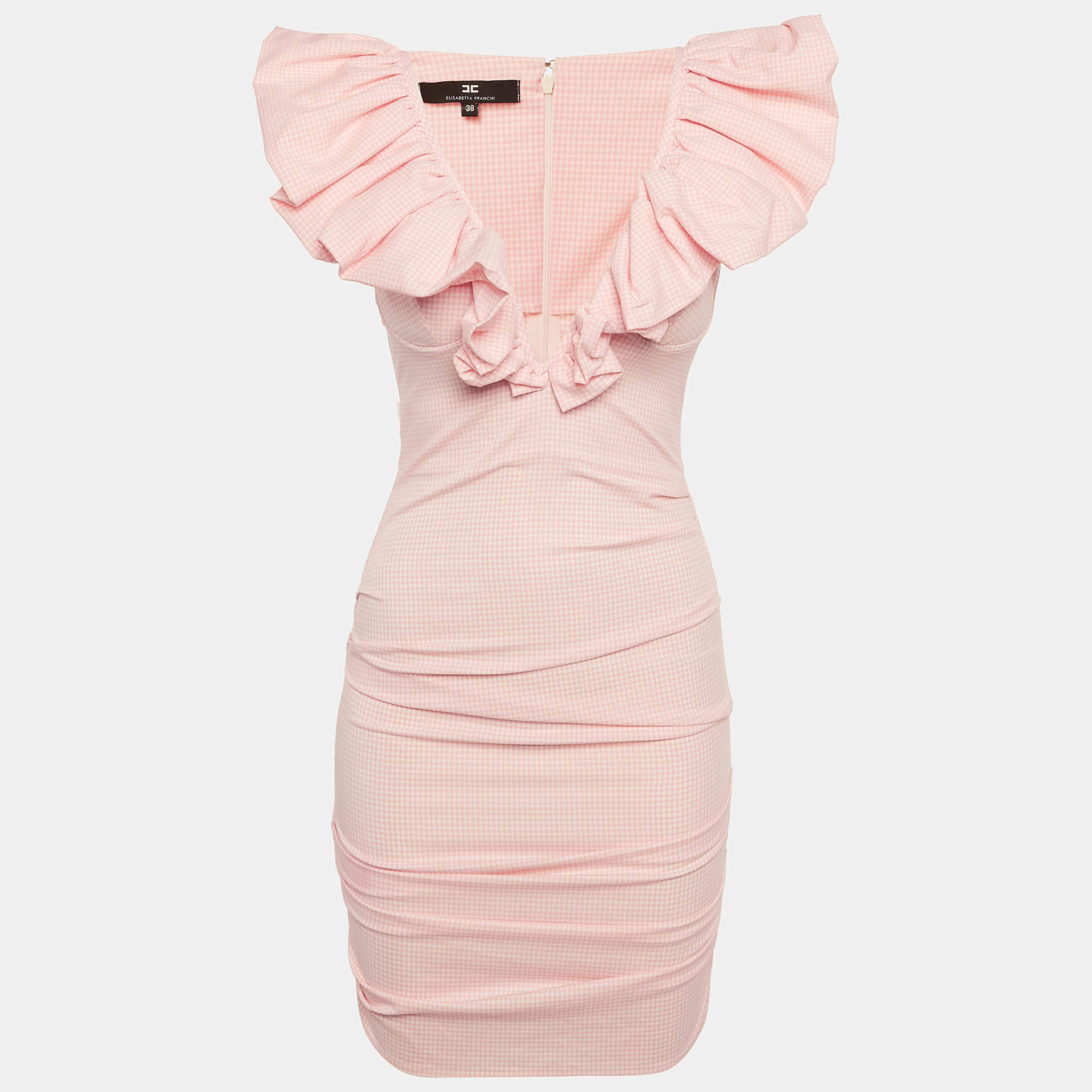 Pre Owned Elisabetta Franchi Pink Checkered Crepe Ruched Mini Dress S