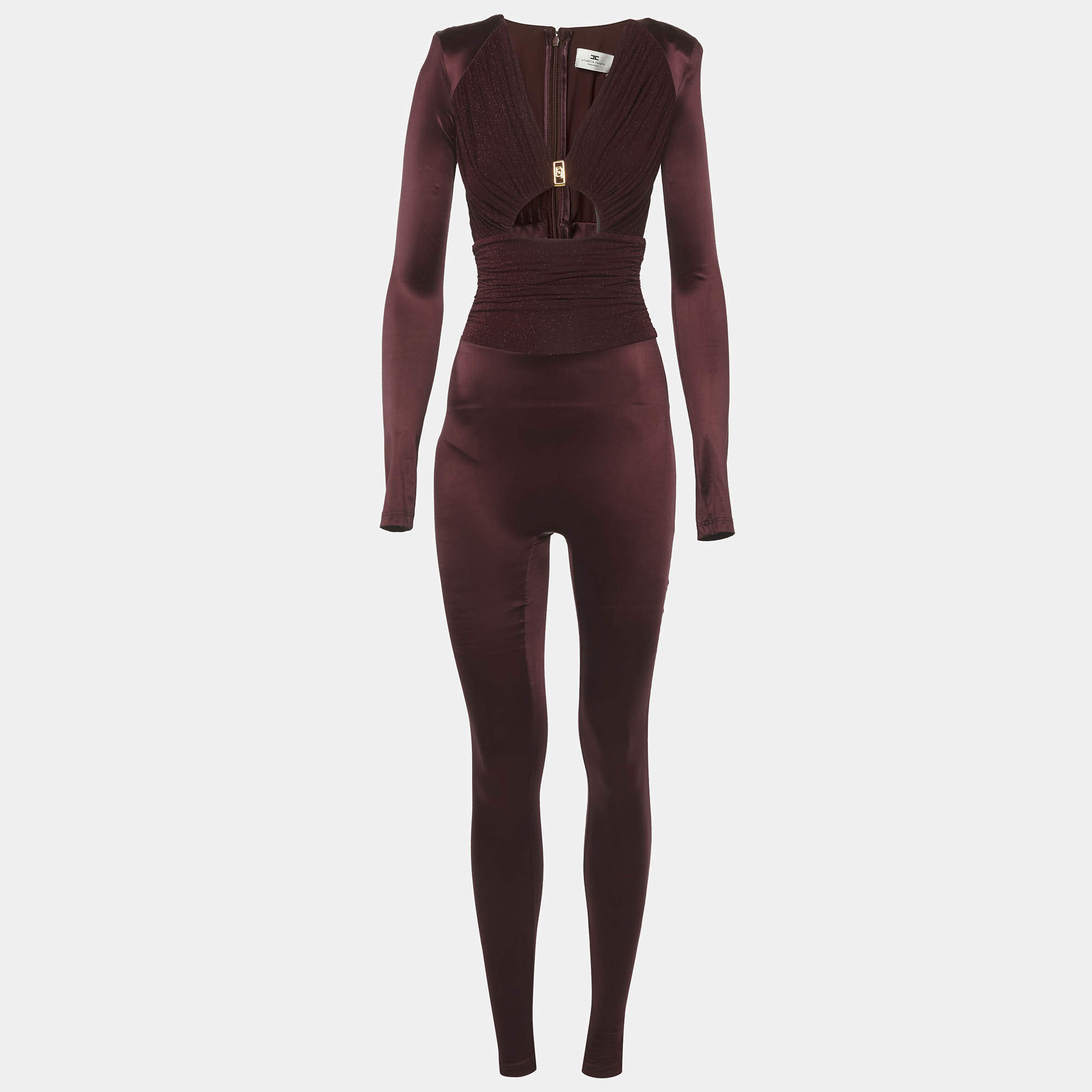 Pre Owned Elisabetta Franchi Burgundy Jersey Cut-Out Detail Jumpsuit S