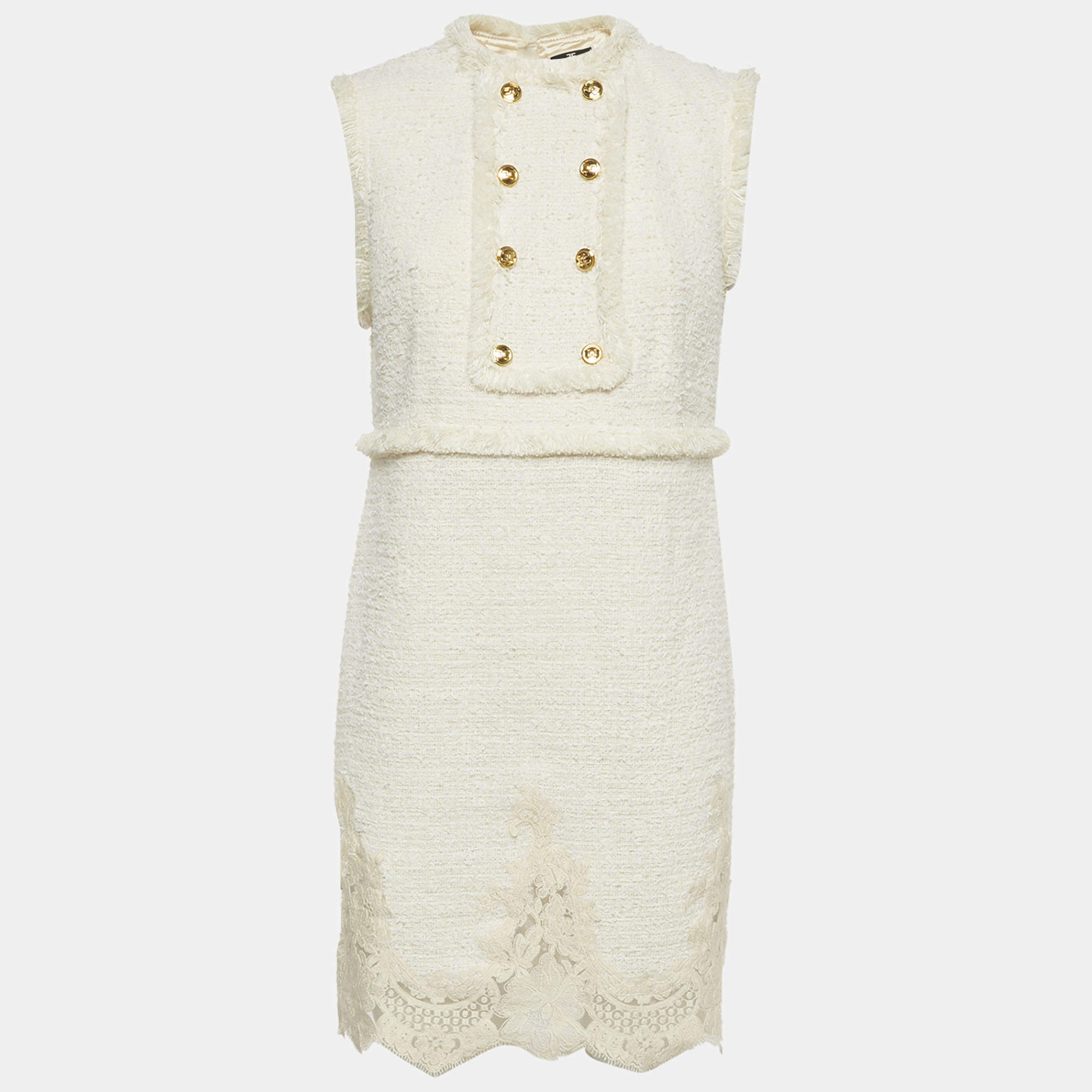 Pre Owned Elisabetta Franchi Off-White Fringed Tweed Sleeveless Mini Dress M