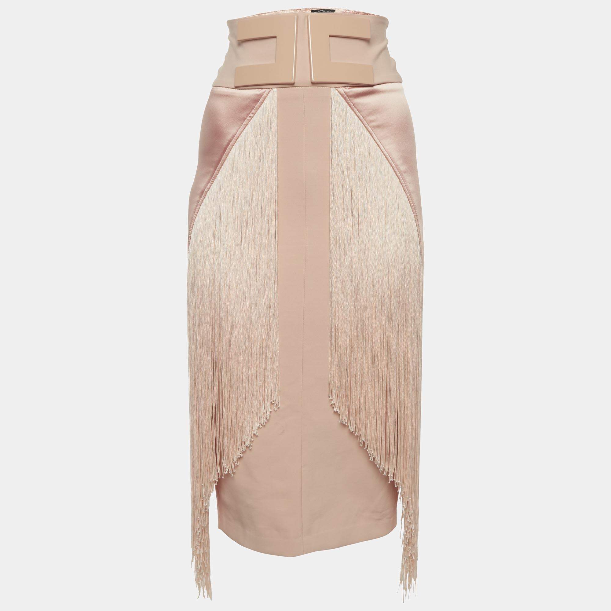 Pre Owned Elisabetta Franchi Pink Fringed Pencil Skirt S