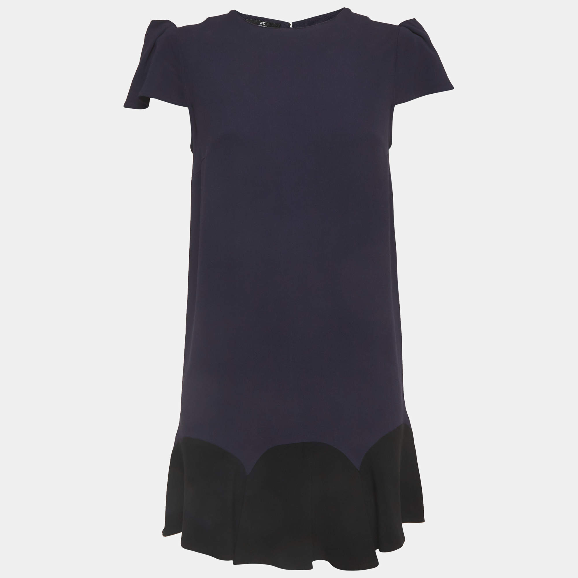 Pre Owned Elisabetta Franchi Blue Crepe Flounce Mini Dress M