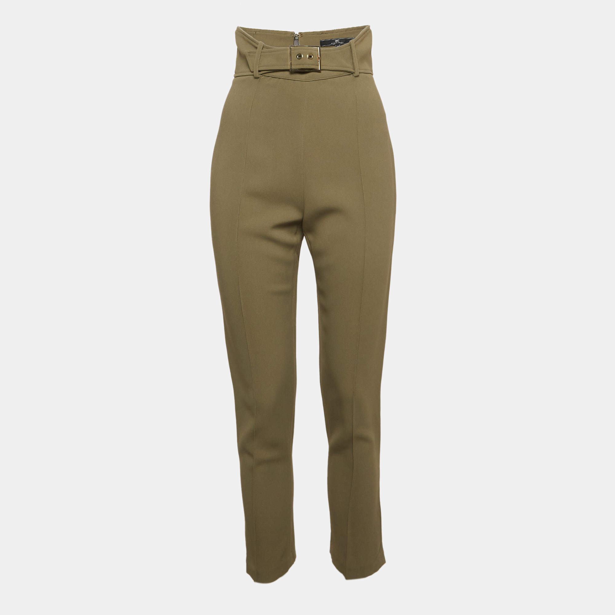 مملوكة مسبقًا Elisabetta Franchi Green Crepe Slim Fit Trousers S
