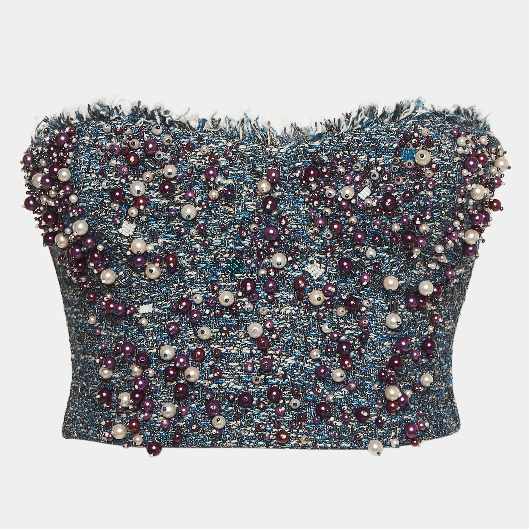 Pre Owned Elisabetta Franchi Blue Tweed Embroidered Bustier Top S