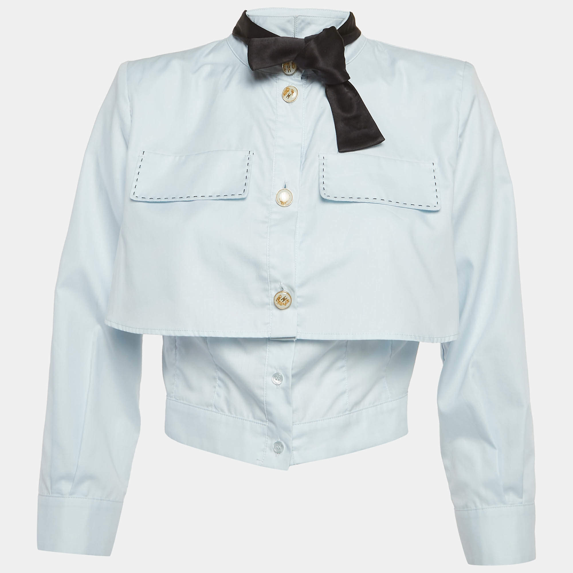 مملوك ة مسبقًا Elisabetta Franchi Light Blue Cotton Tie Detail Crop Shirt M