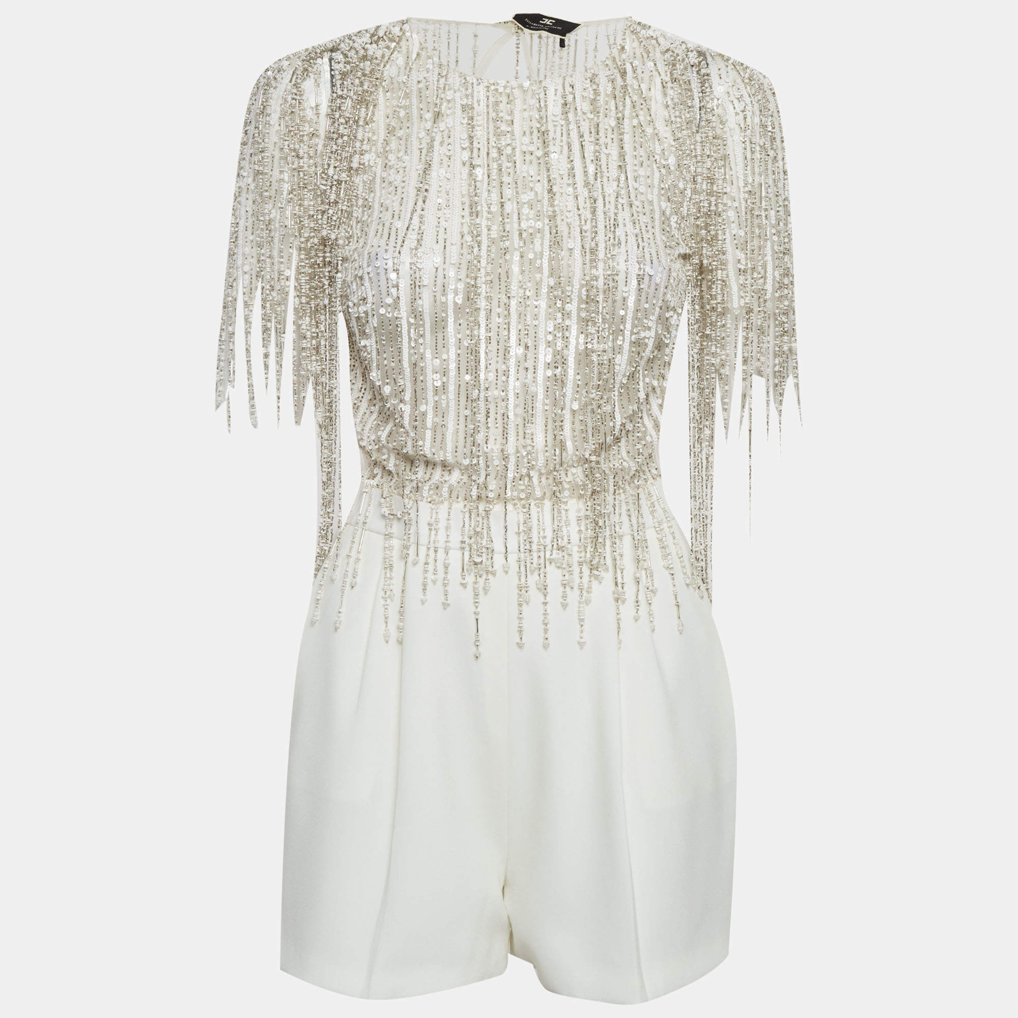 Pre Owned Elisabetta Franchi White Embellished Tulle & Crepe Playsuit M