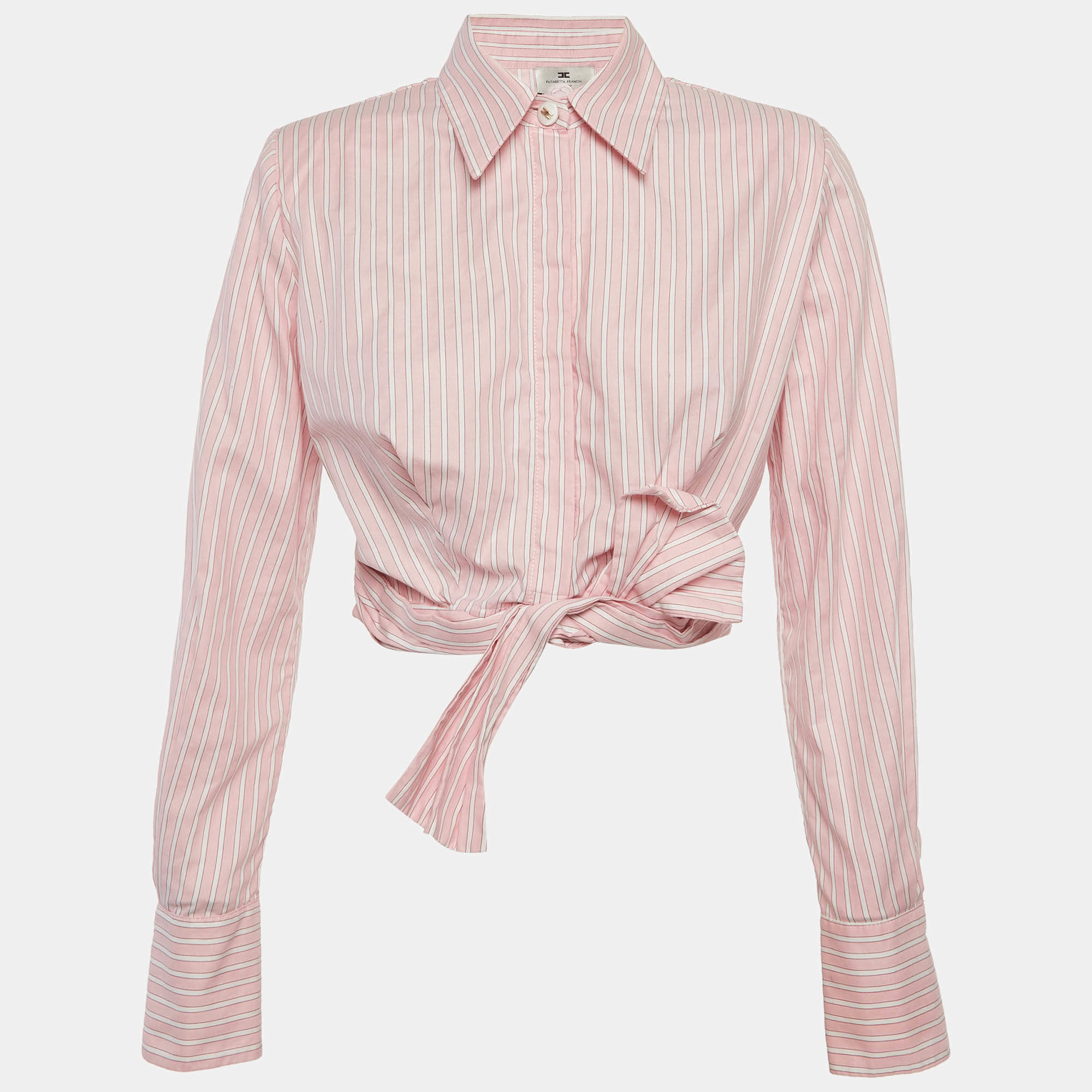 Pre Owned Elisabetta Franchi Pink Striped Cotton Tie-Up Detail Top M