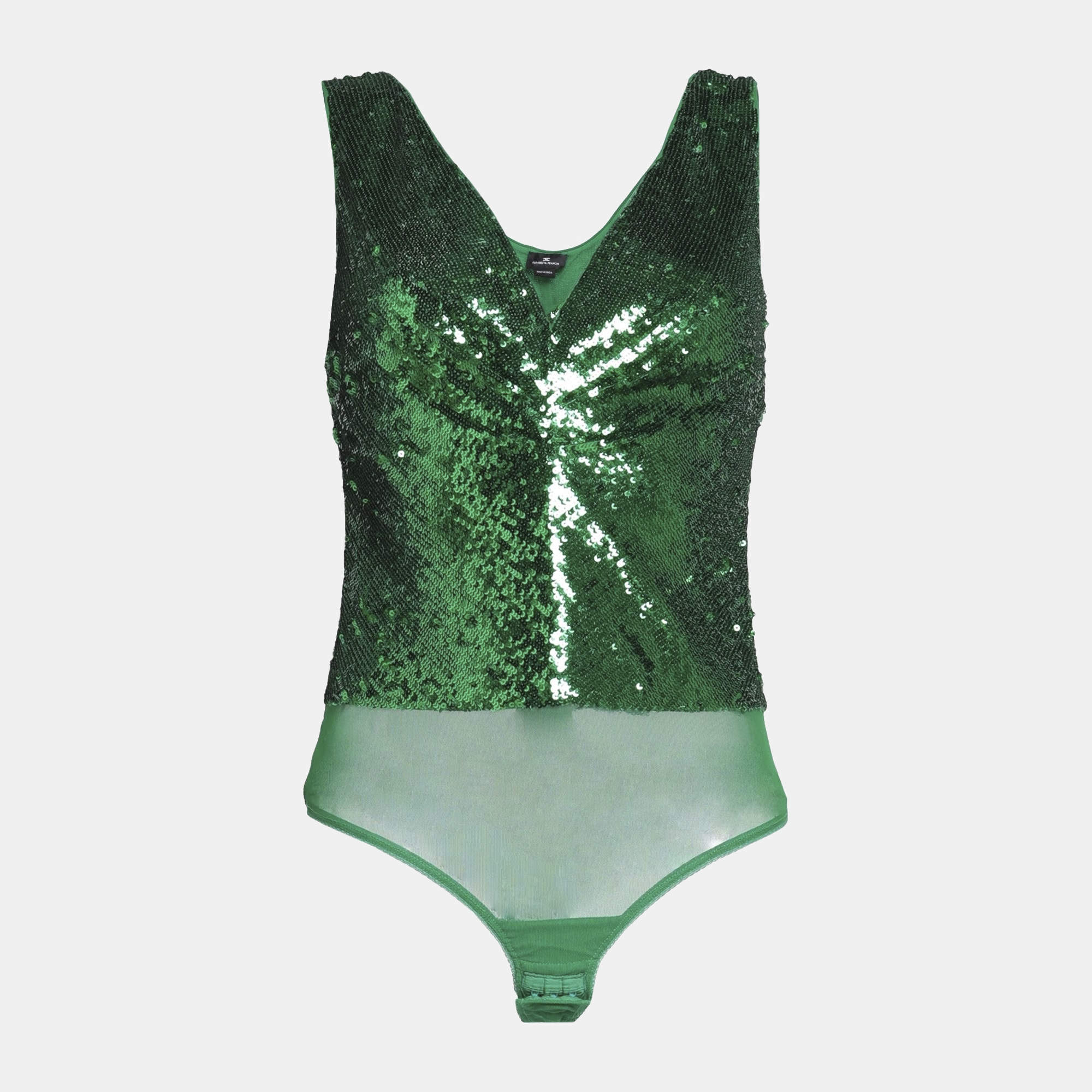 Pre Owned Elisabetta Franchi Green Sequin Tulle Sleeveless Bodysuit S