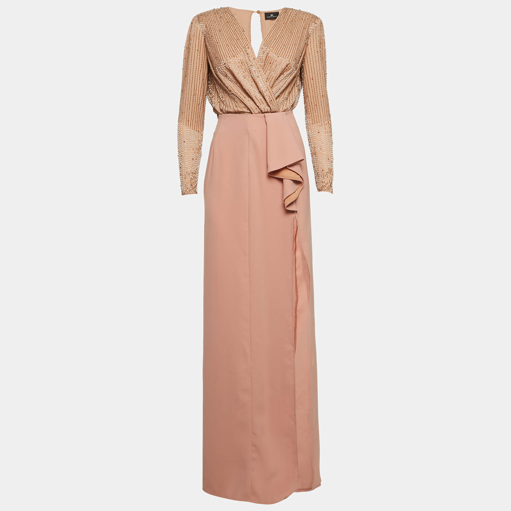 Pre Owned Elisabetta Franchi Light Pink Embellished Chiffon & Crepe Dress S