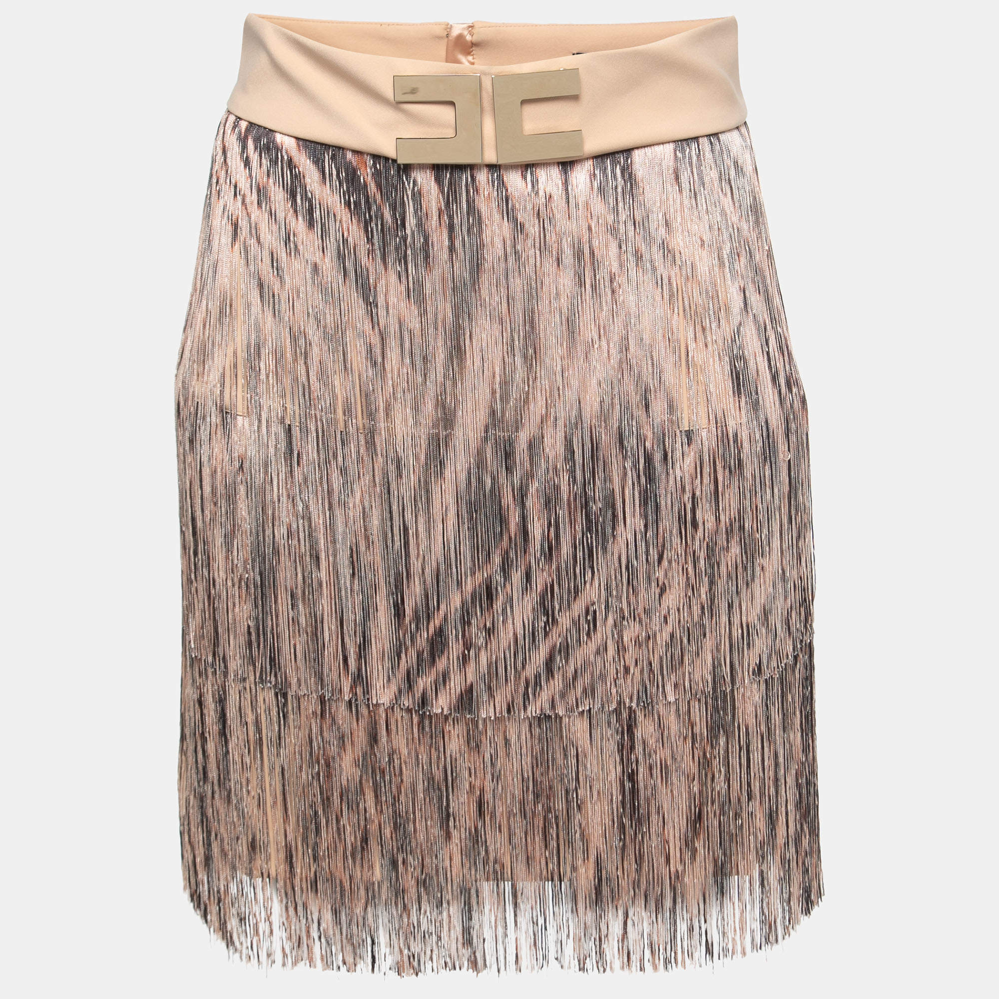 Pre Owned Elisabetta Franchi Beige Knit Fringed Mini Skirt M