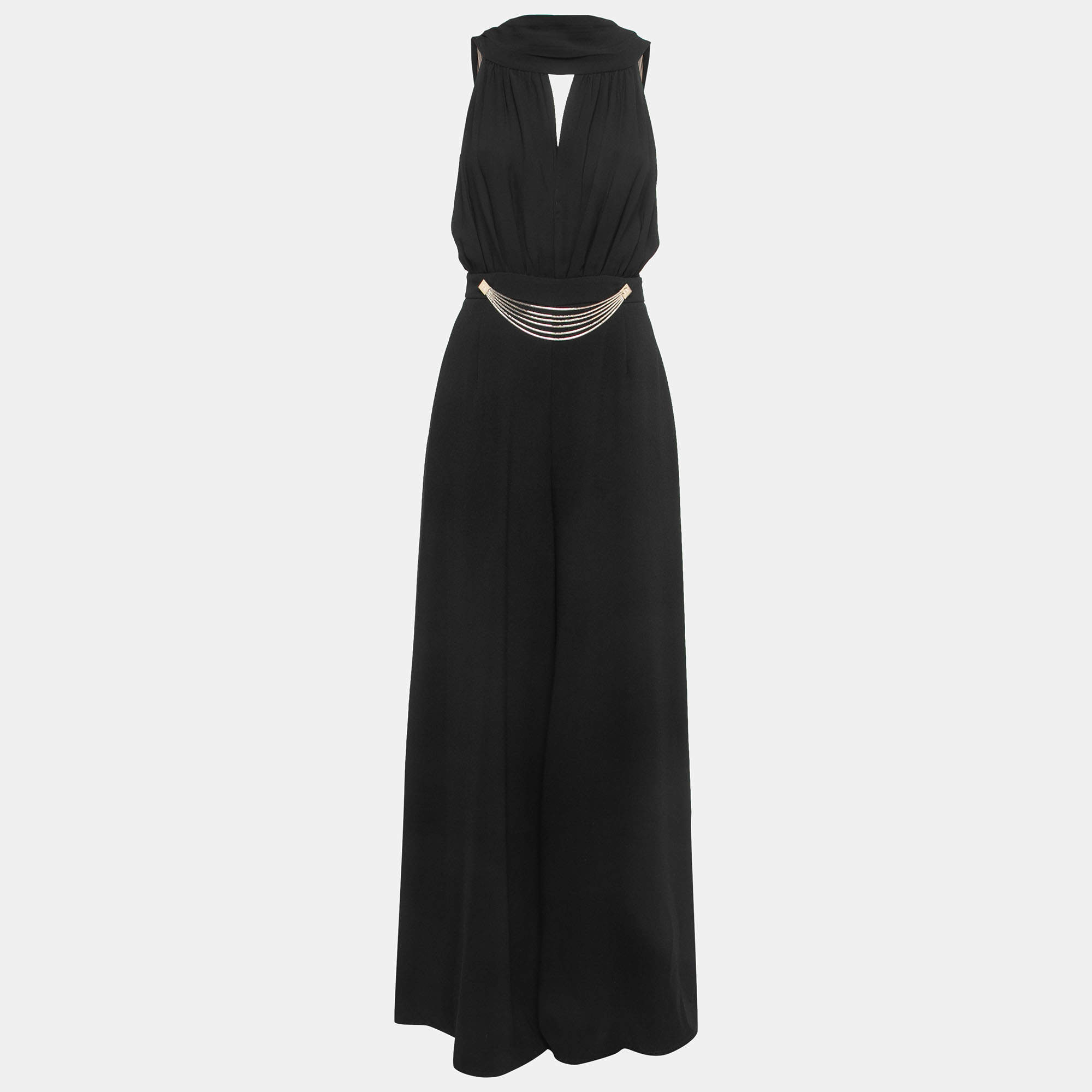 Elisabetta Franchi Black Crepe Draped Wide Leg Jumpsuit M
