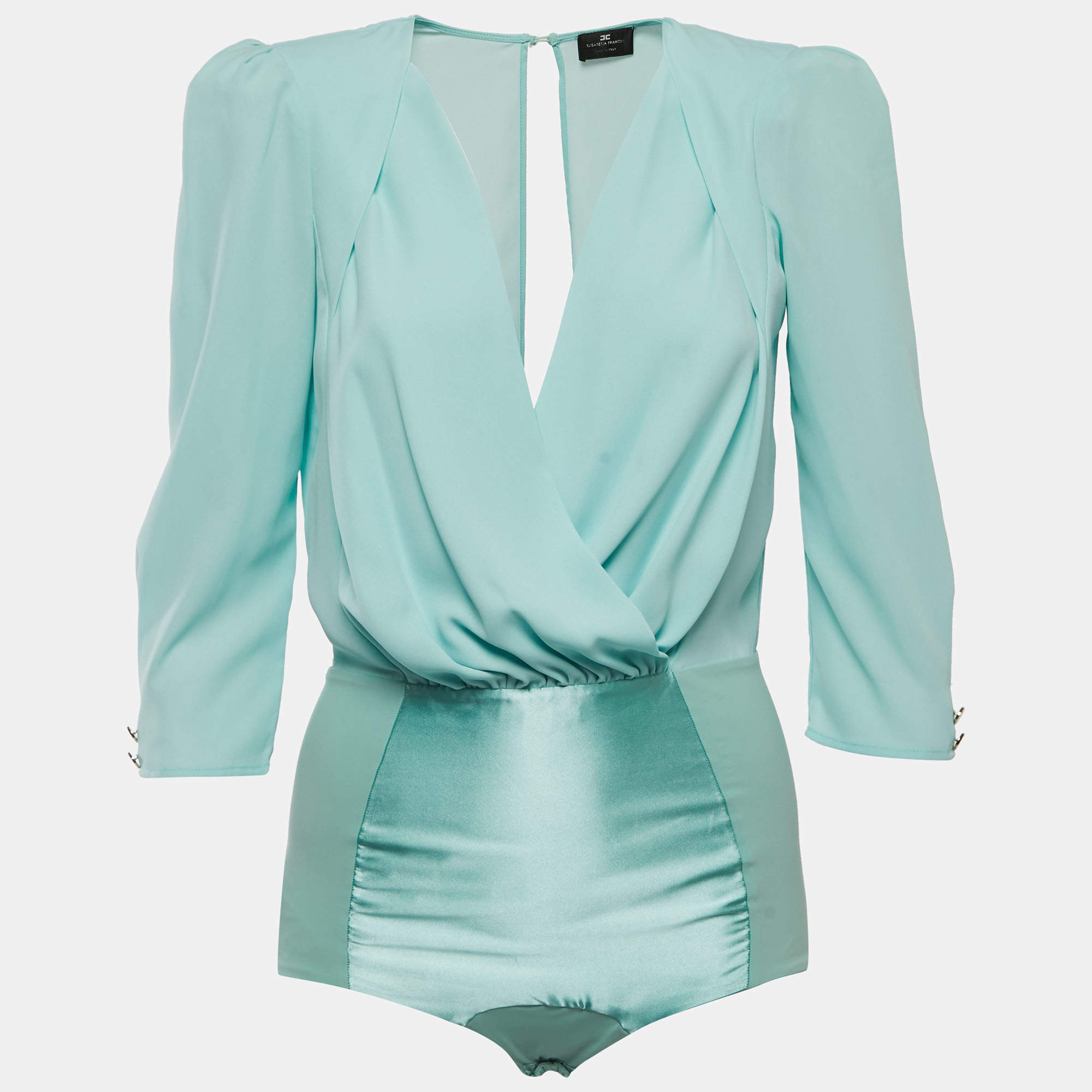 Elisabetta Franchi Blue Crepe & Jersey Draped Long Sleeve Bodysuit M