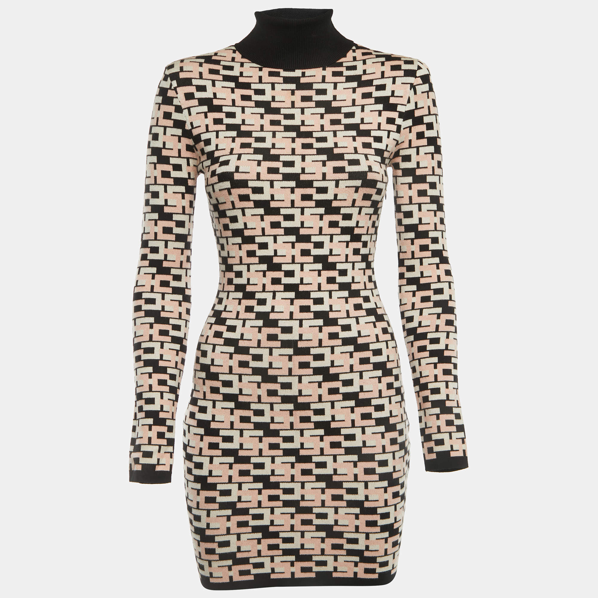 Pre Owned Elisabetta Franchi Black/Pink Logo Intarsia Knit Mini Dress S