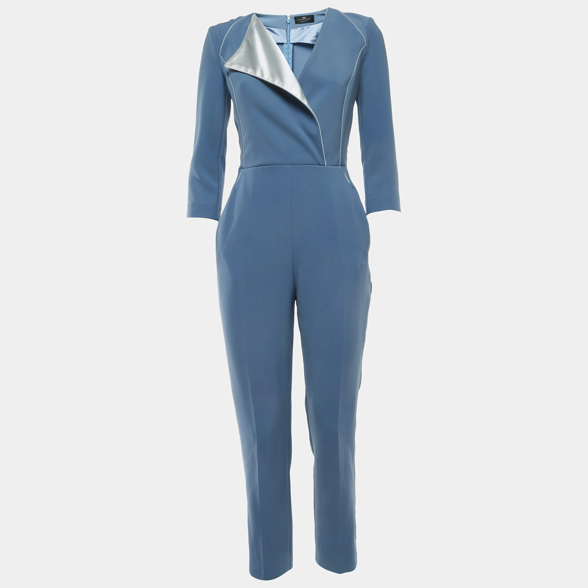 Elisabetta Franchi Blue Crepe Lapel Detail Jumpsuit S