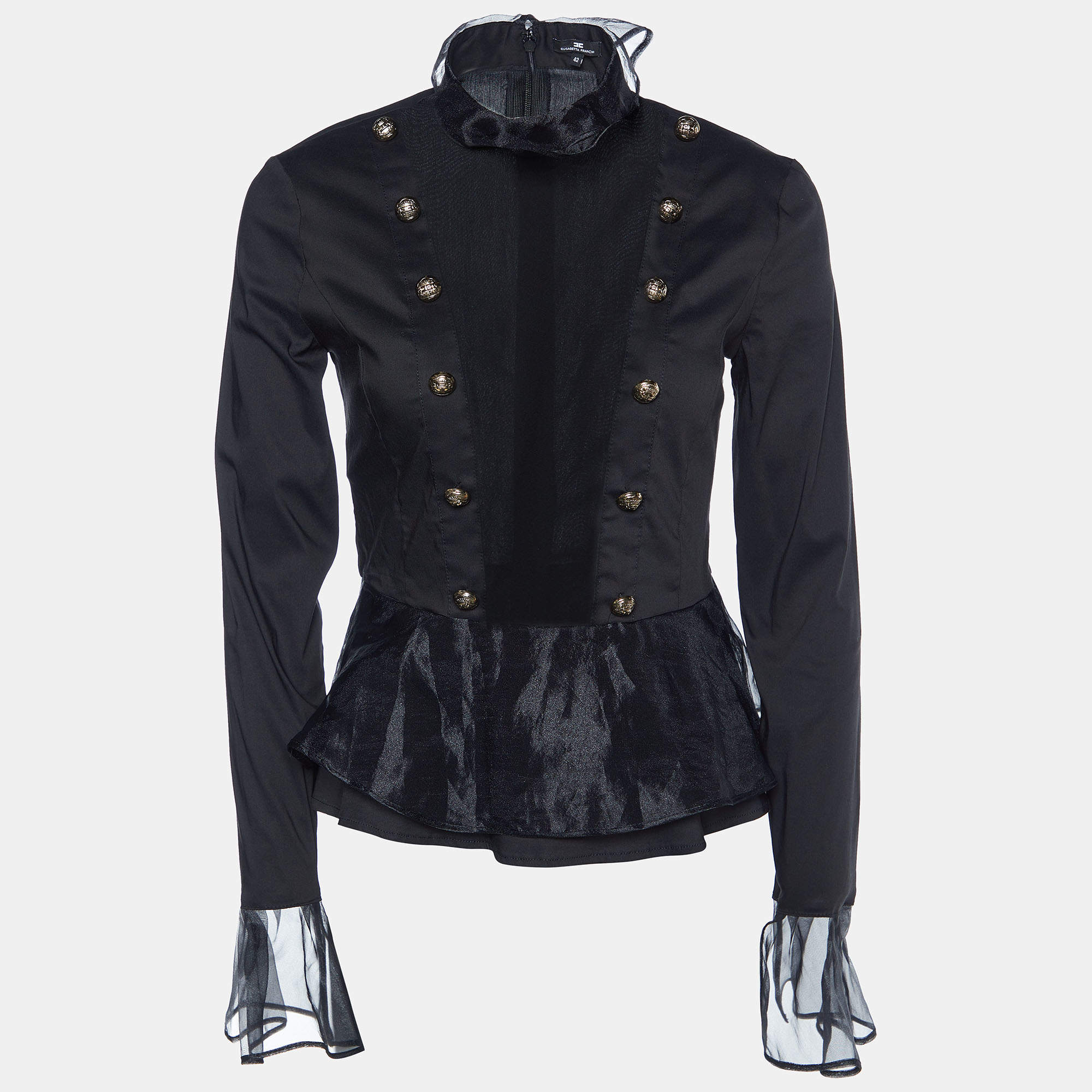 Elisabetta Franchi Black Cotton & Organza Trim Top M