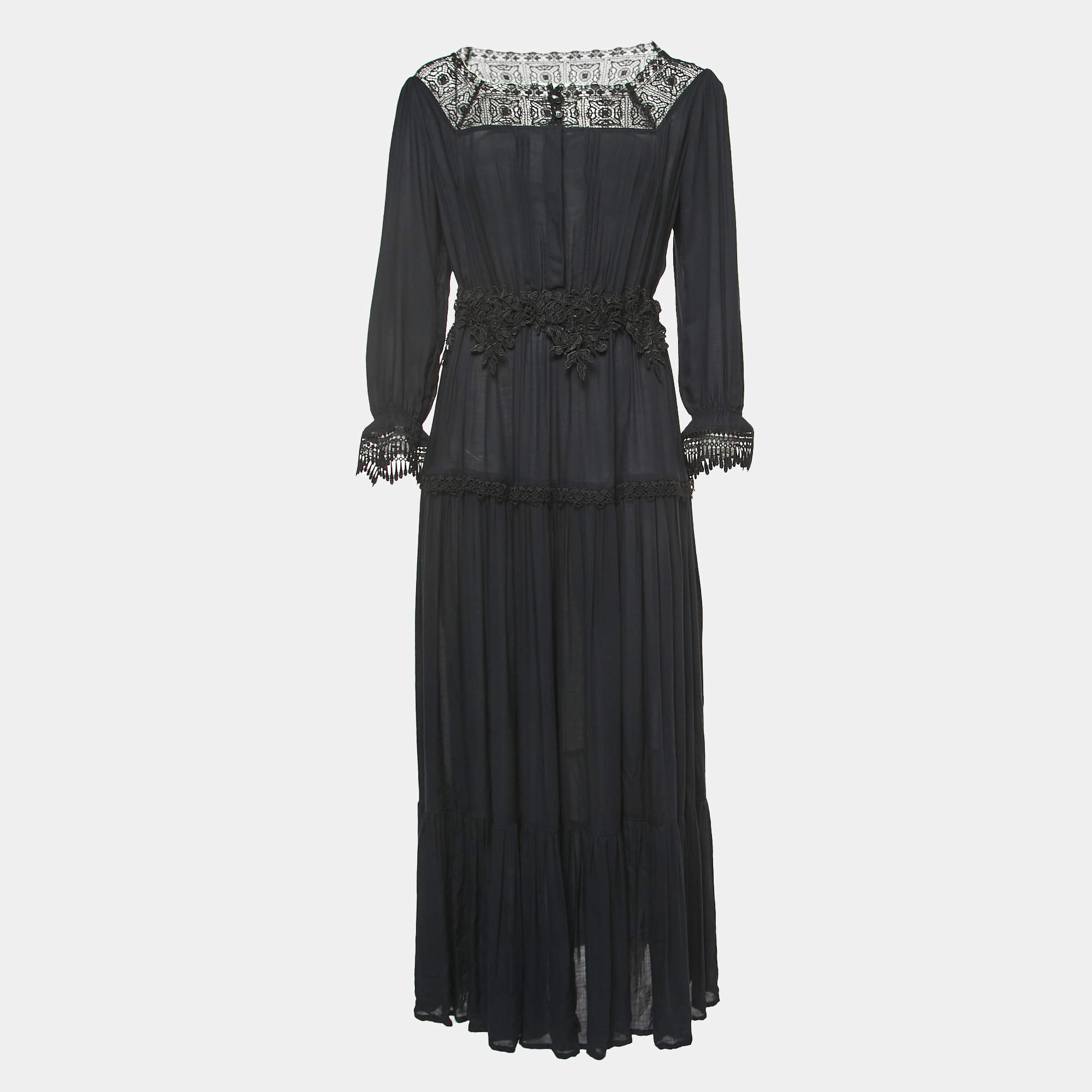 Pre Owned Elisabetta Franchi Black Crepe Lace Trimmed Maxi Dress M