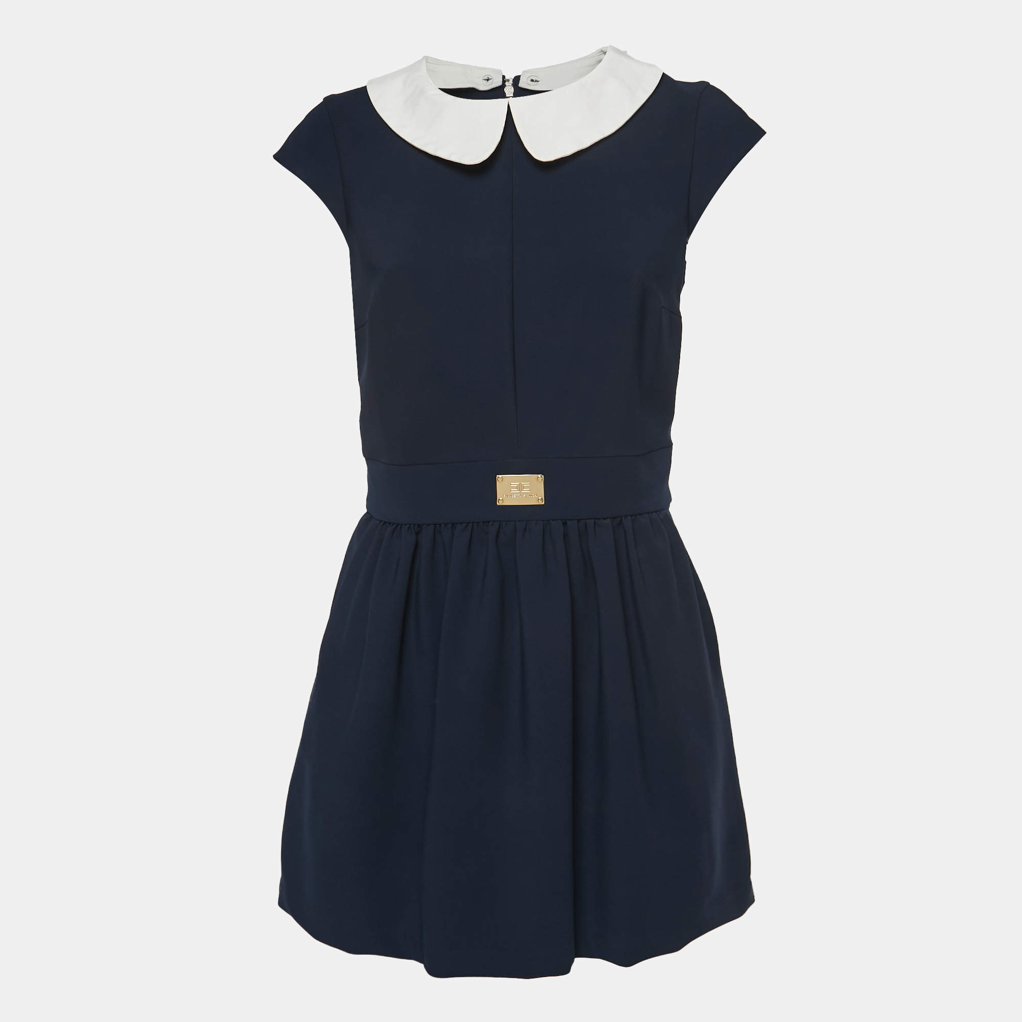 Pre Owned Elisabetta Franchi Navy Blue Crepe Peter Pan Collar Mini Dress M