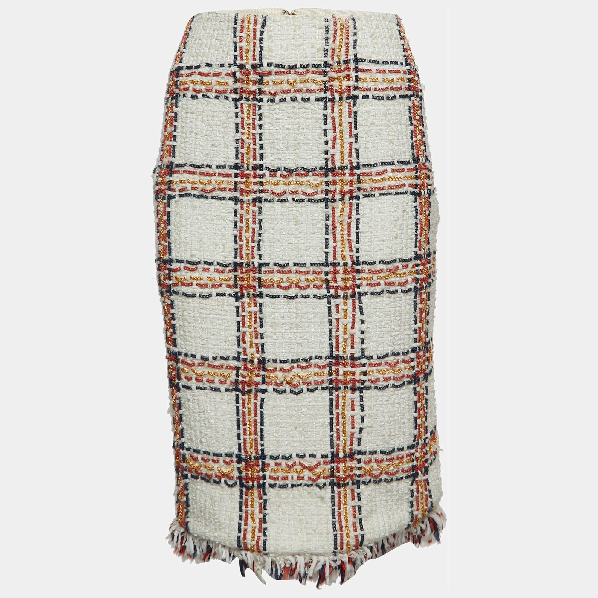 Pre Owned Elisabetta Franchi White Tweed Chain Embellished Fringed Skirt S