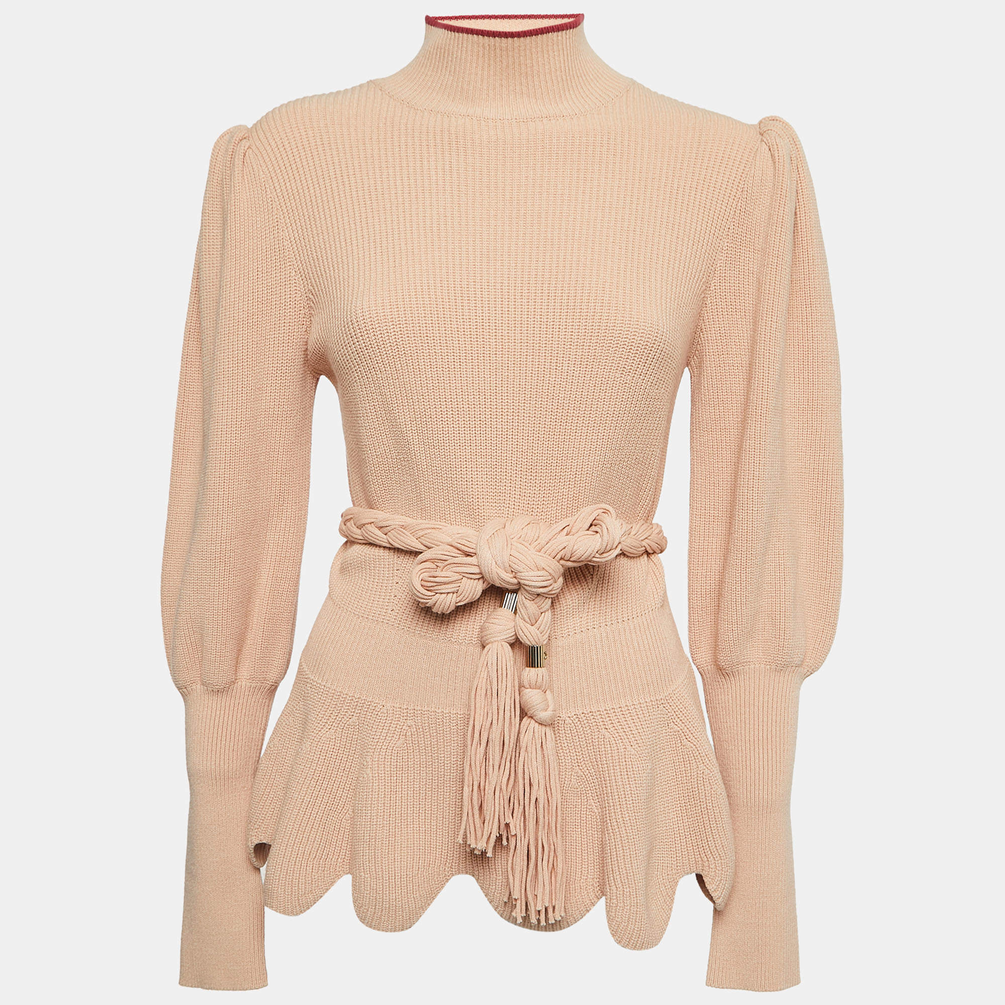 Elisabetta Franchi Light Pink Knit Belted Turtleneck Sweater M