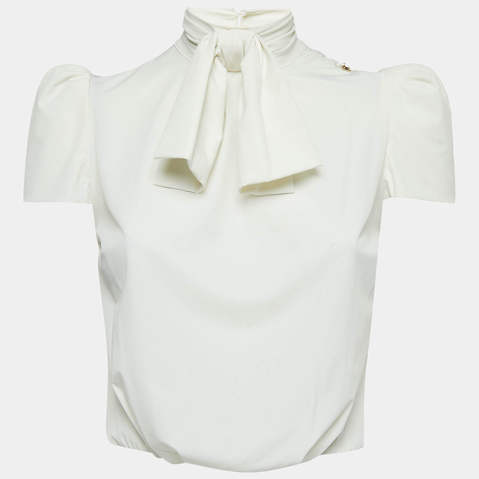 Pre Owned Elisabetta Franchi Off White Stretch Crepe Neck Bow Detailed Bodysuit S