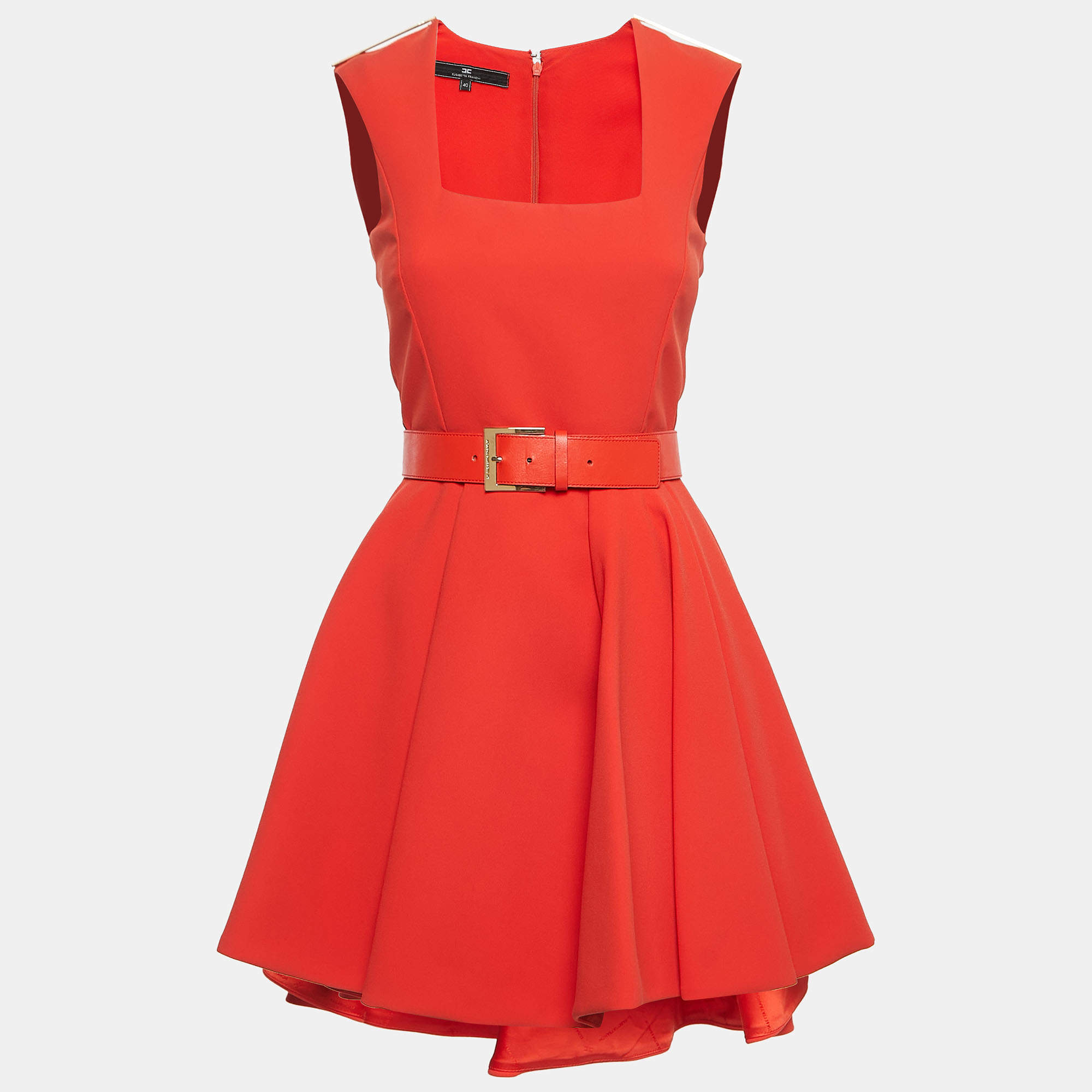 Pre Owned Elisabetta Franchi Orange Crepe Sleeveless Belted Mini Dress S