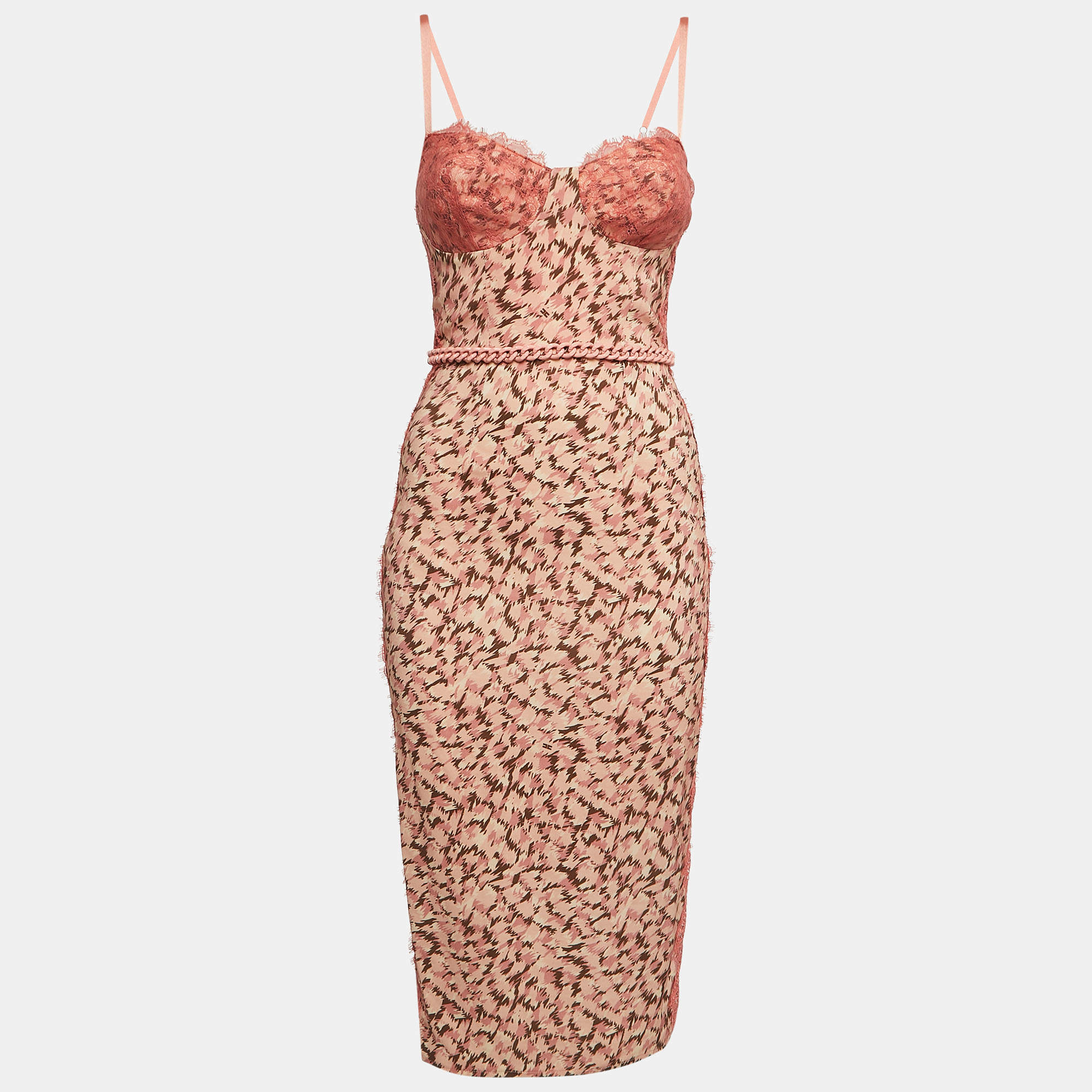 Pre Owned Elisabetta Franchi Light Pink Print Crepe Lace Trimmed Strappy Midi Dress S