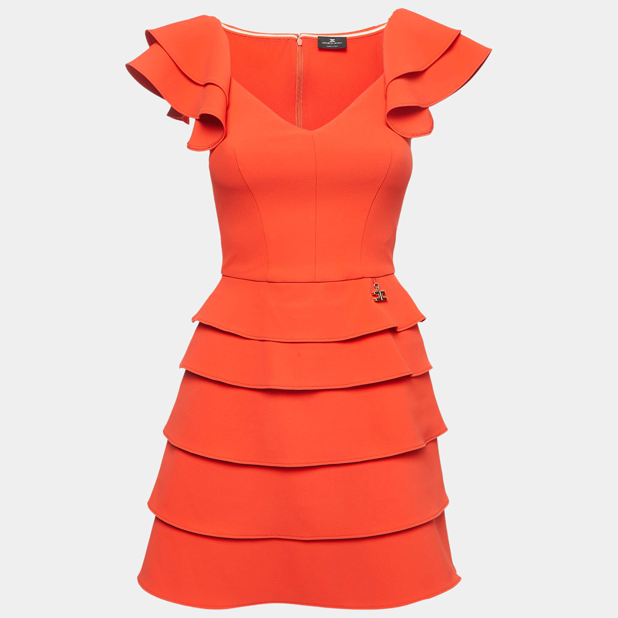 Pre Owned Elisabetta Franchi Orange Crepe Tiered Mini Dress S