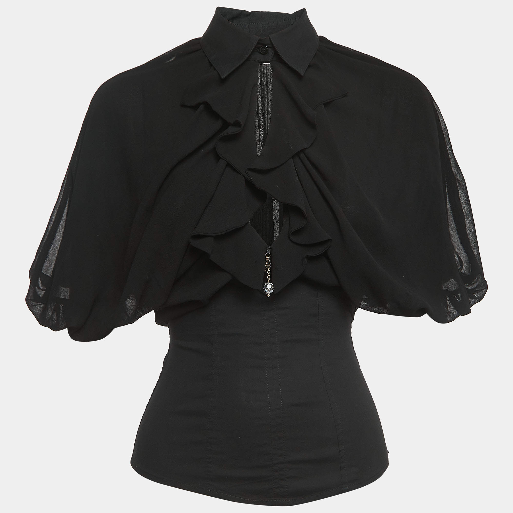 Pre Owned Elisabetta Franchi Black Cotton & Crepe Flare Fit Blouse S