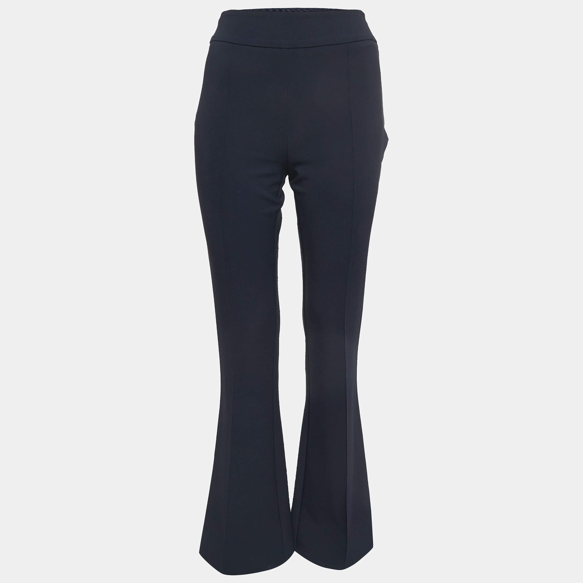 Elisabetta Franchi Navy Blue Crepe Flared High Waist Trousers M
