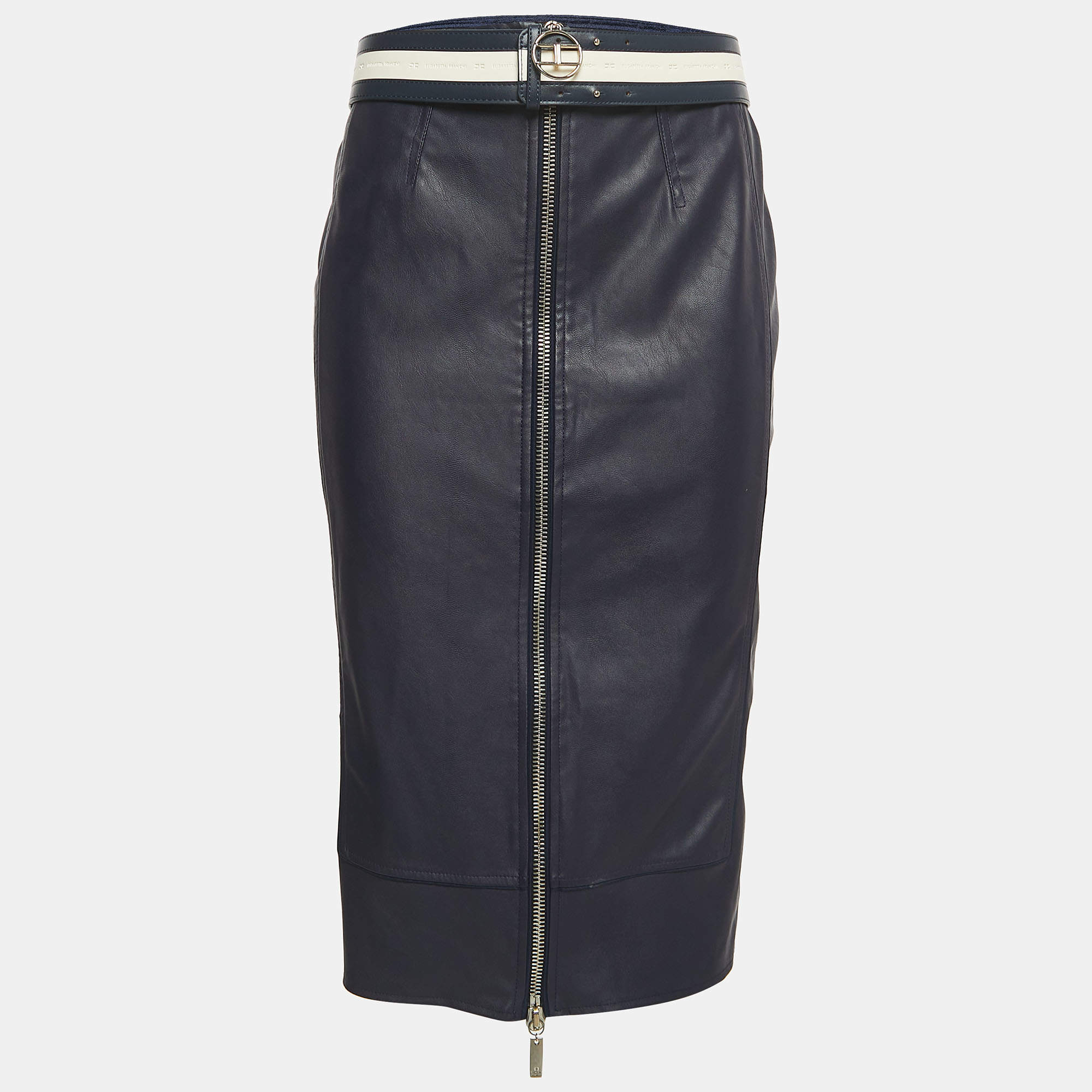 Pre Owned Elisabetta Franchi Navy Blue Faux Leather Belted Midi Skirt M