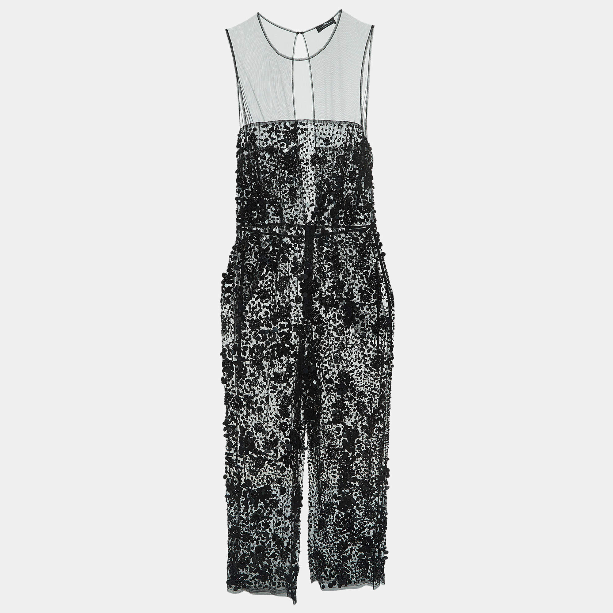 Pre Owned Elisabetta Franchi Black Sequin Embellished Tulle Jumpsuit M