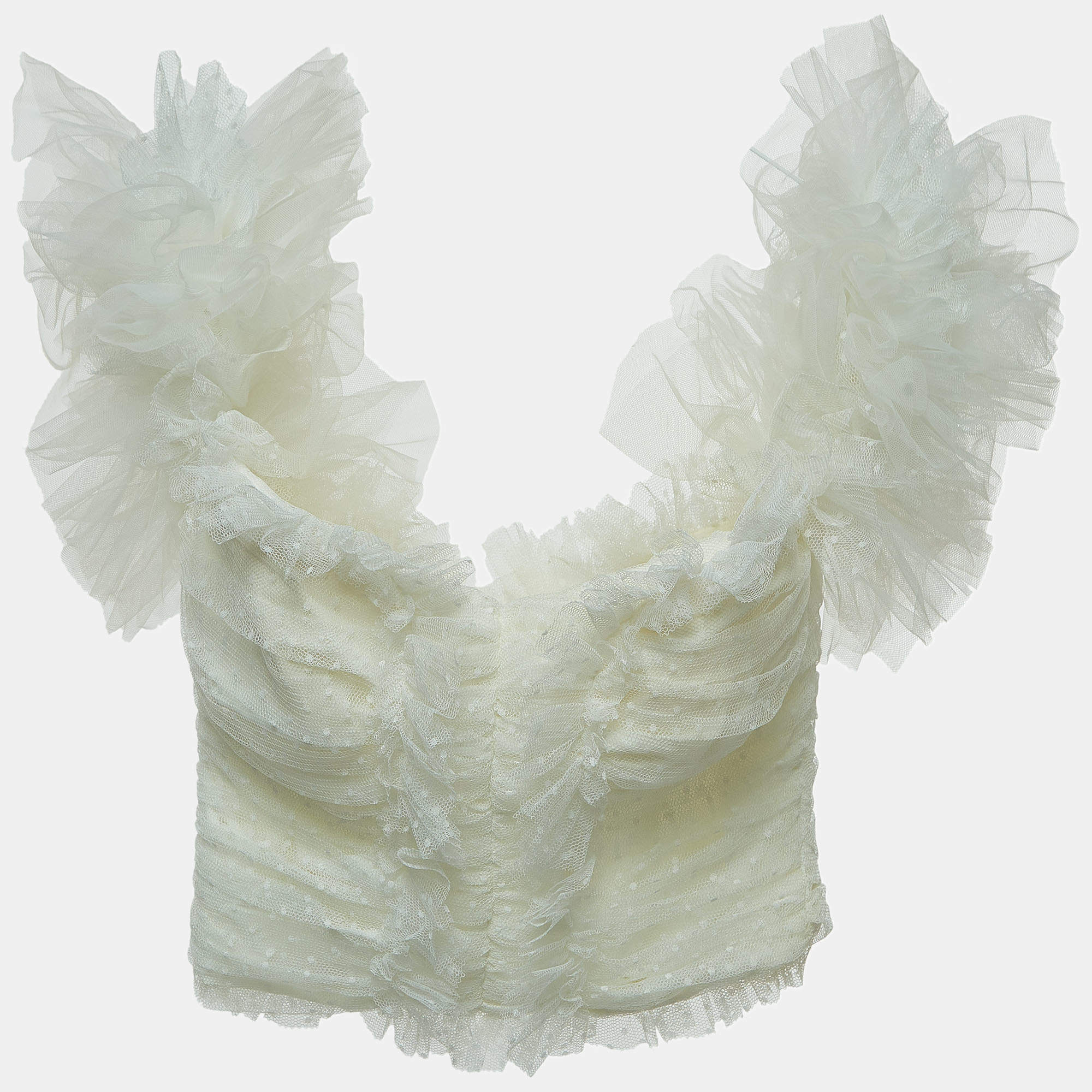 Elisabetta Franchi White Tulle Ruched Off Shoulder Crop Top M