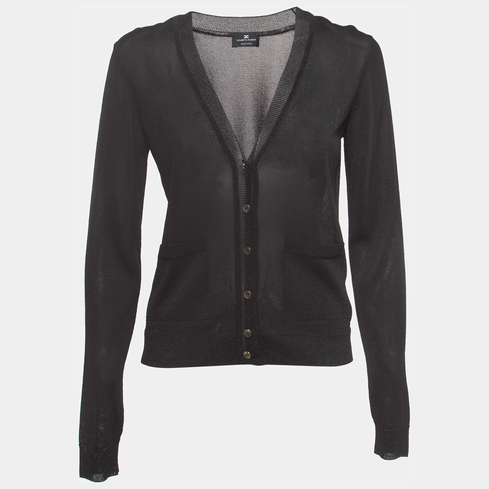 Elisabetta Franchi Black Lurex Knit Button Front Cardigan L