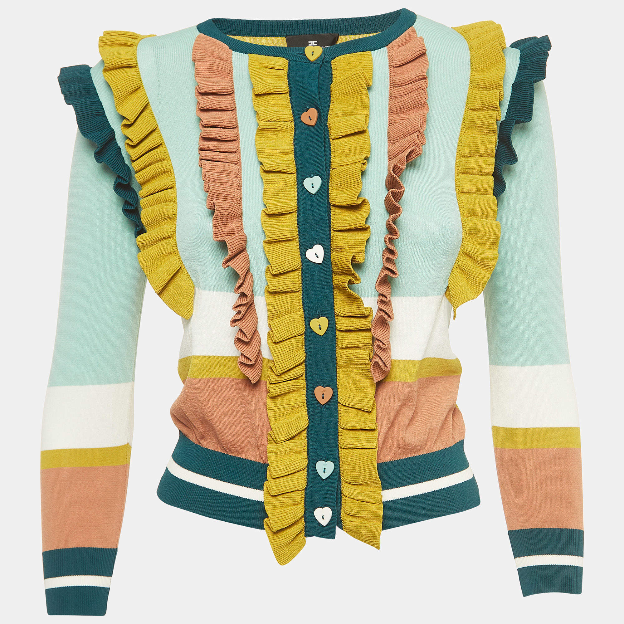 Pre Owned Elisabetta Franchi Multicolor Knit Ruffled Cardigan S