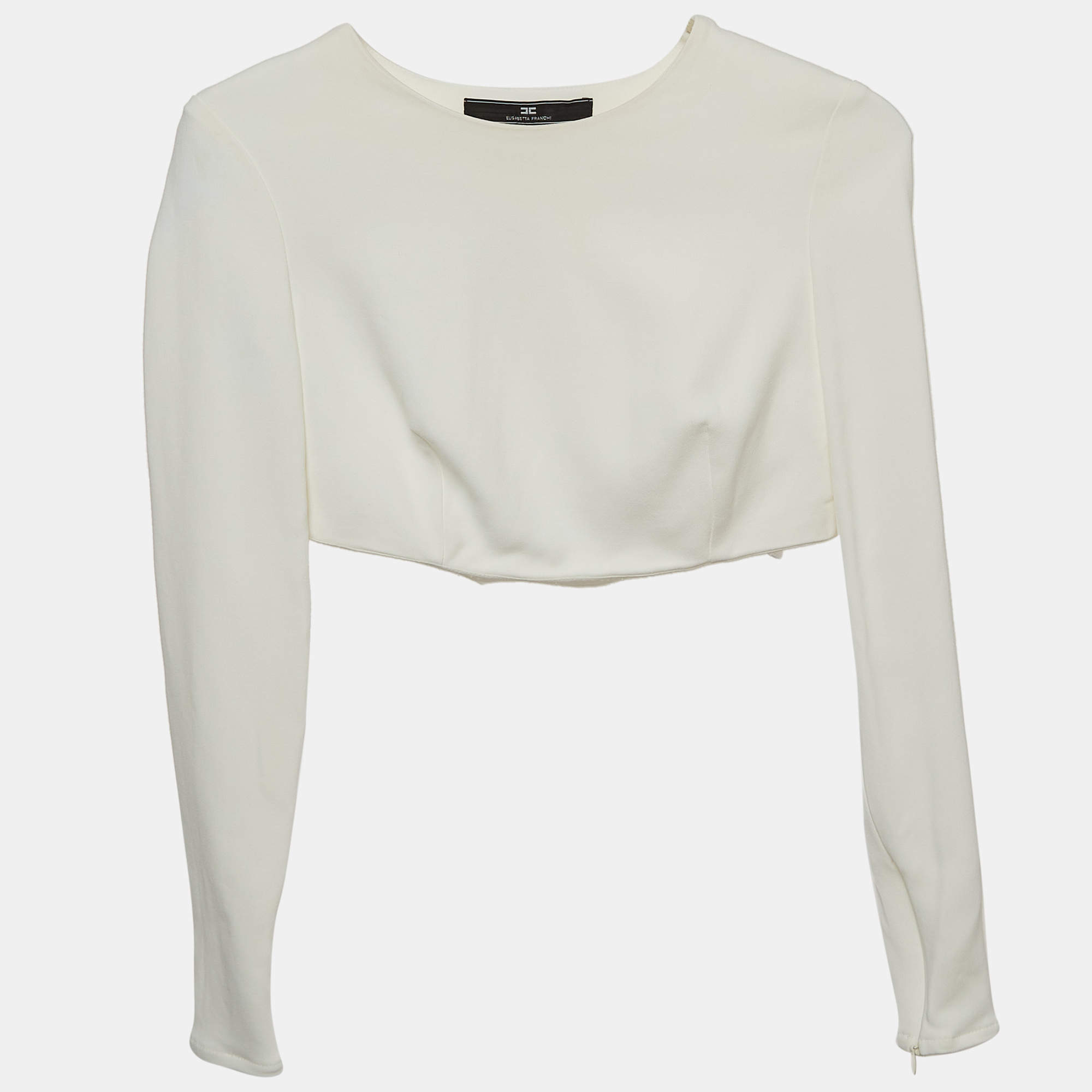Elisabetta Franchi Off-White Crepe Long Sleeve Crop Top S