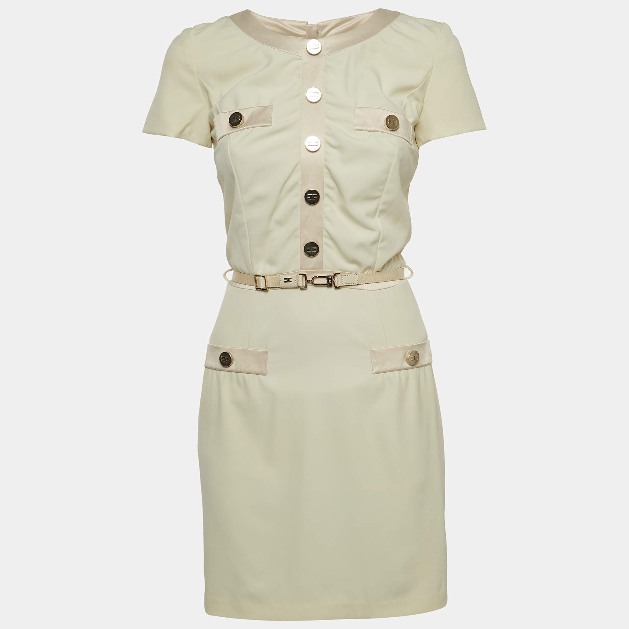 Pre Owned Elisabetta Franchi Cream Crepe Button Detail Belted Mini Dress S