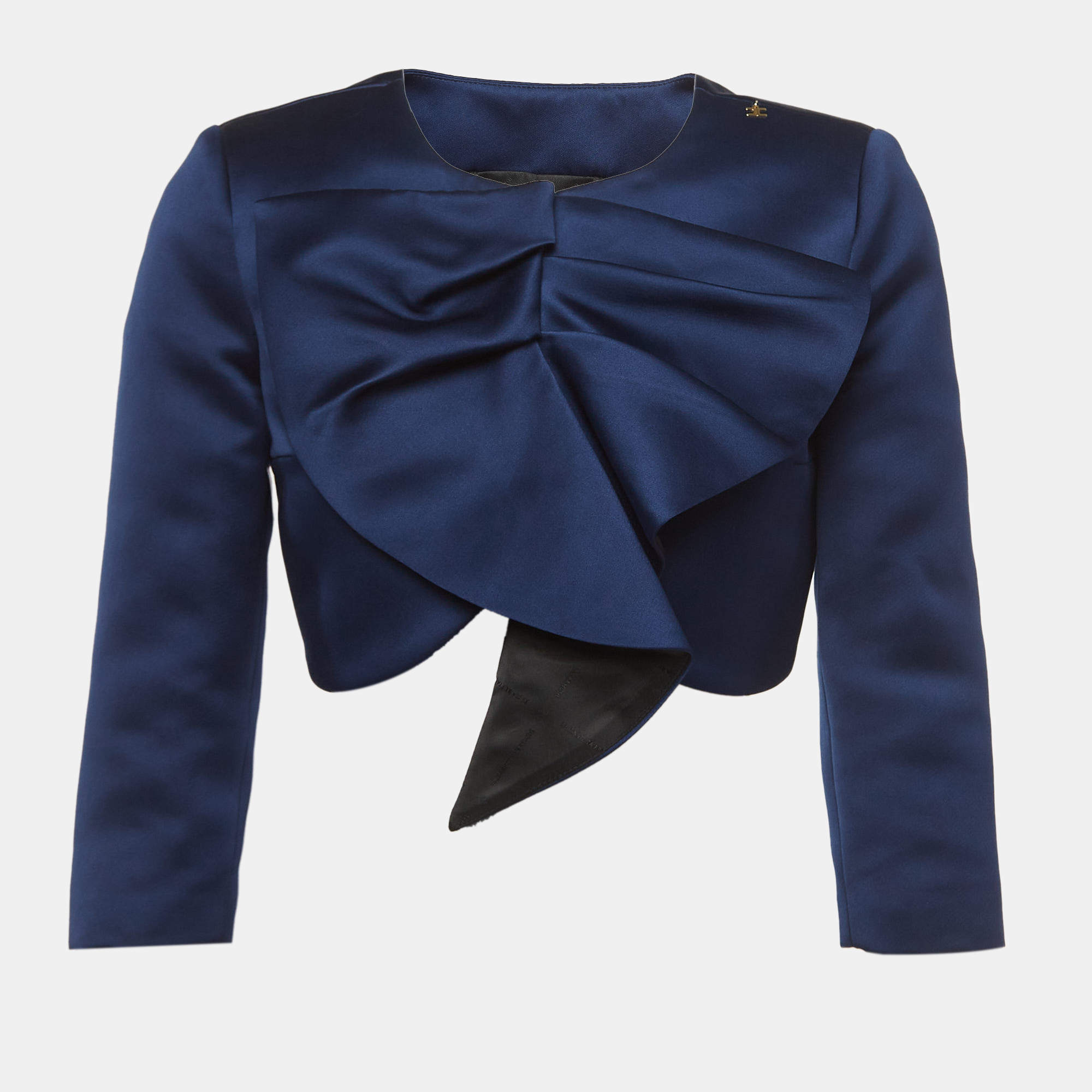 Pre Owned Elisabetta Franchi Navy Blue Satin Draped Cropped Jacket S
