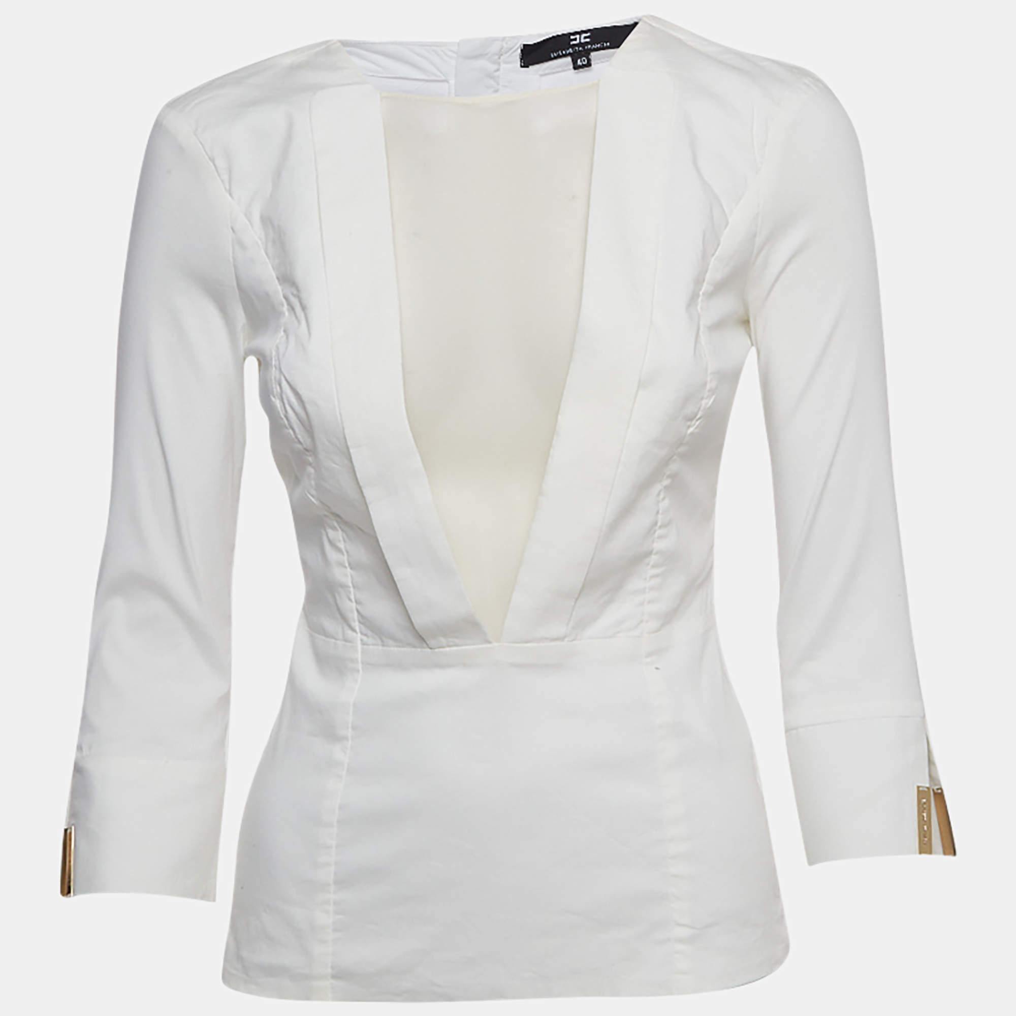 Pre Owned Elisabetta Franchi White Cotton Blend Long Sleeve Top S