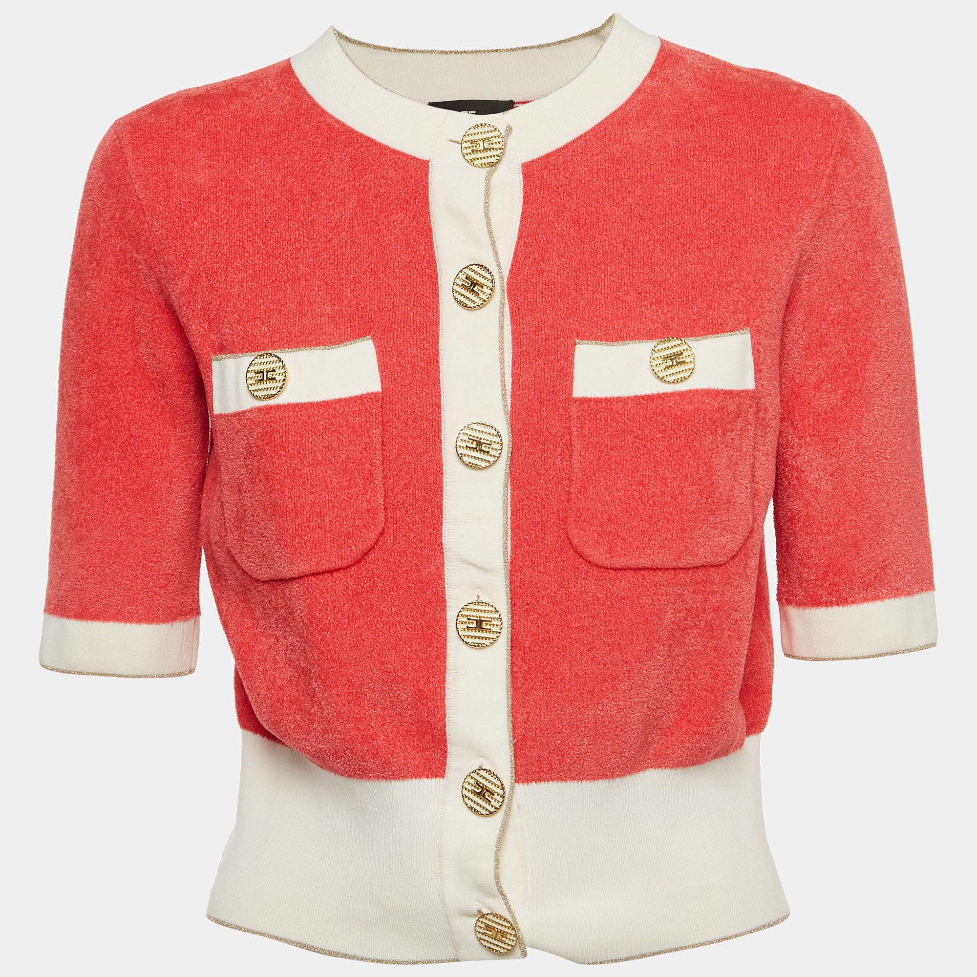 Elisabetta Franchi Coral Pink Knit Buttoned Half Sleeve Top M