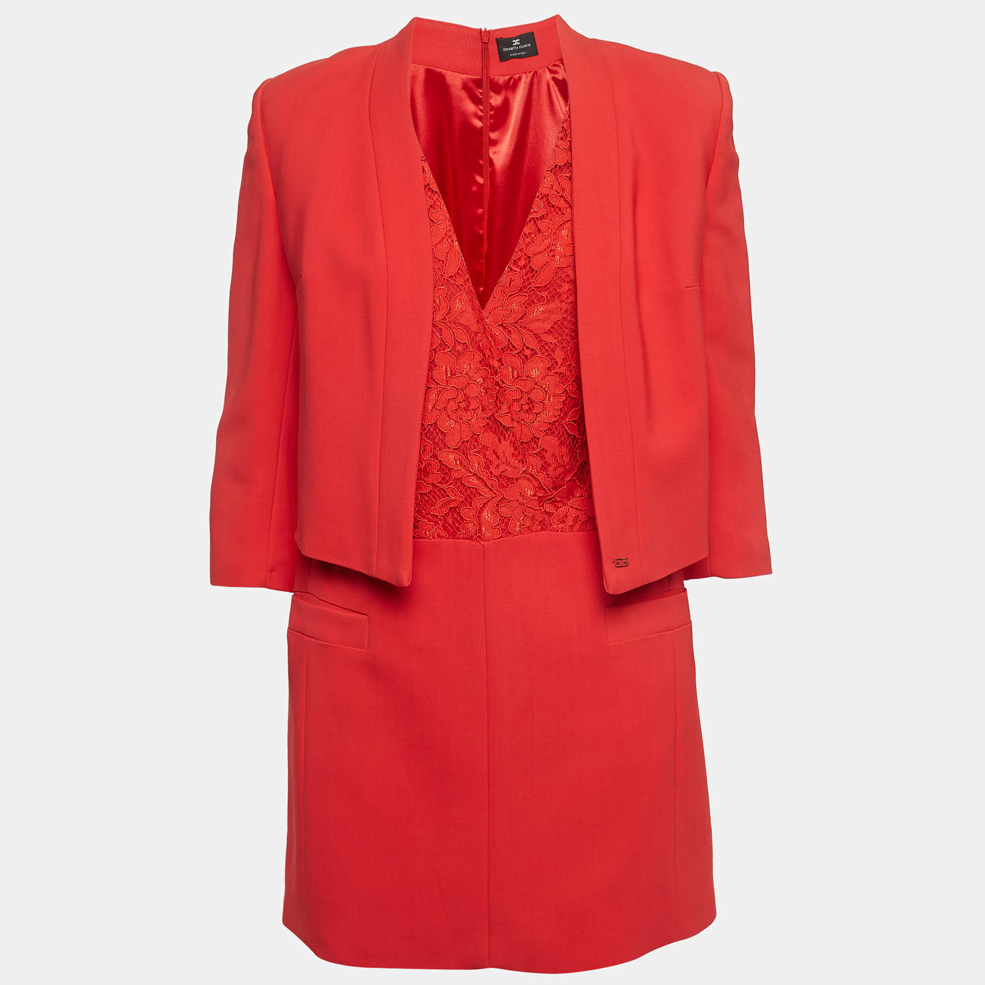 Pre Owned Elisabetta Franchi Coral Pink Lace & Crepe Mini Dress M