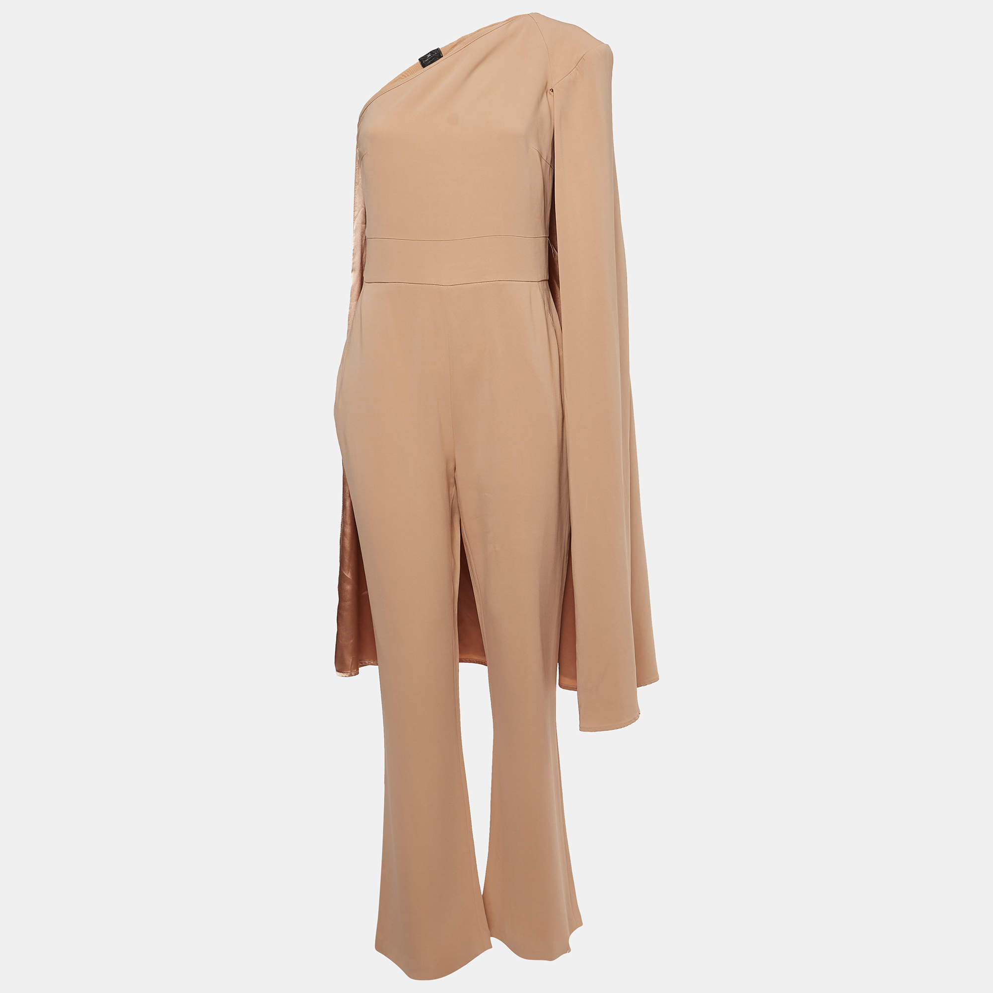 Elisabetta Franchi Beige Crepe Draped One Shoulder Jumpsuit L