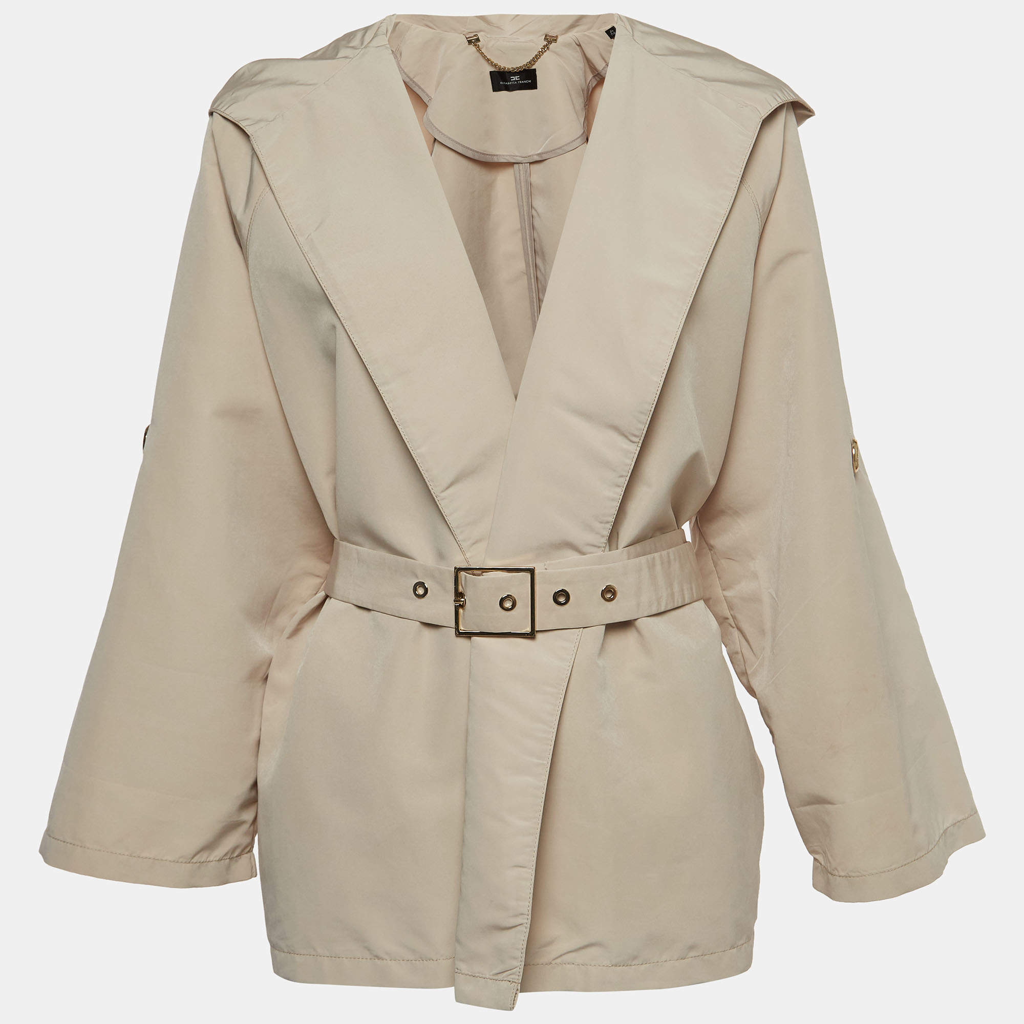 Elisabetta Franchi Beige Synthetic Open Front Belted Short Coat M