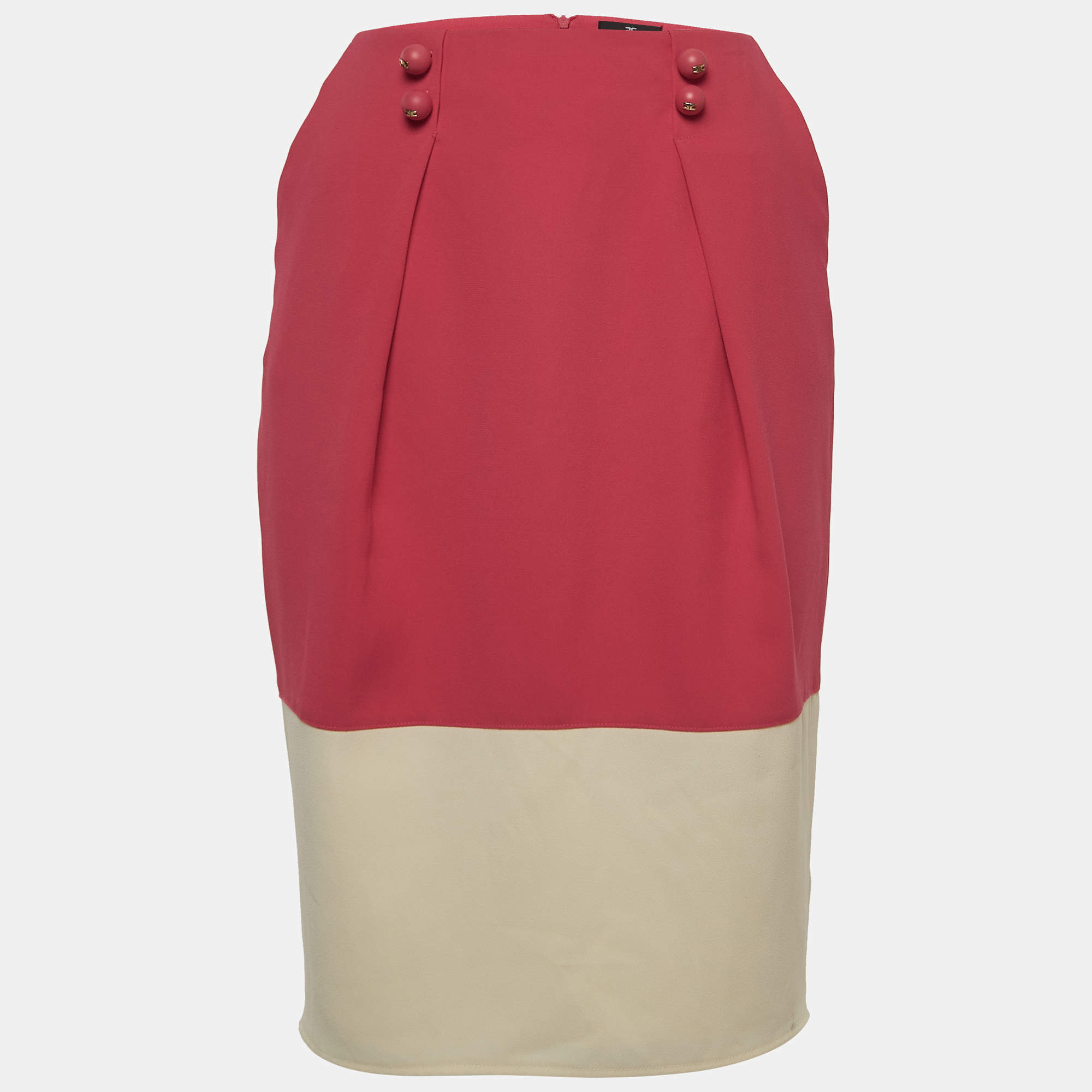 Elisabetta Franchi Pink/Cream Crepe Pleated Knee Length Skirt M
