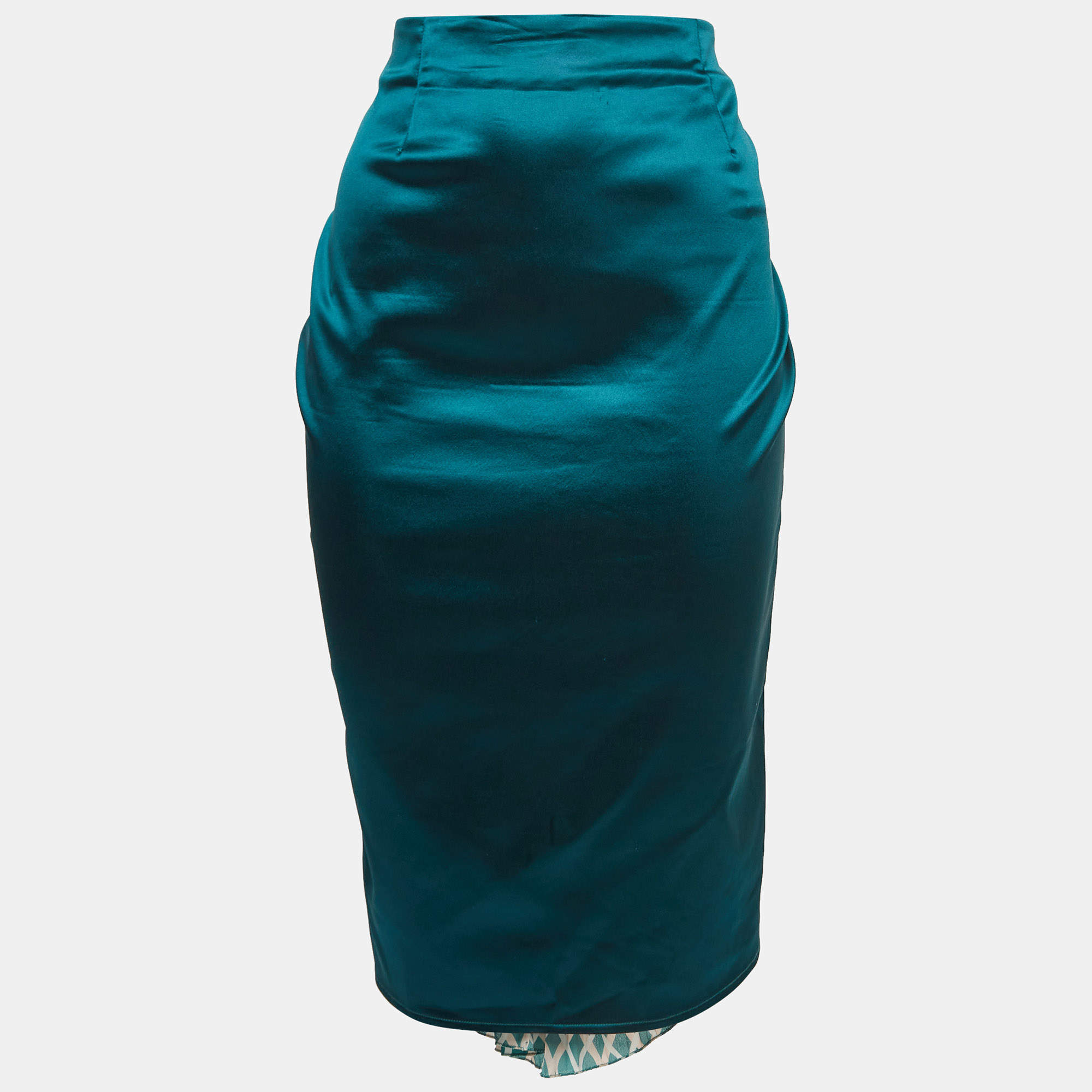 Pre Owned Elisabetta Franchi Green Satin Pleated Crepe Detail Midi Skirt M