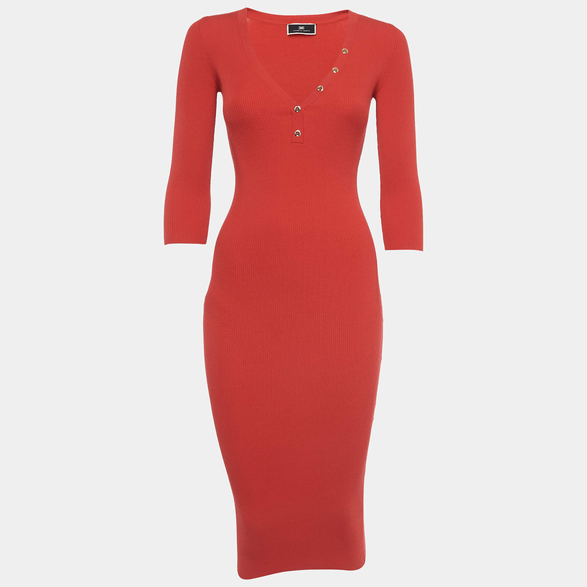 Pre Owned Elisabetta Franchi Red Ribbed Knit Midi Dress S